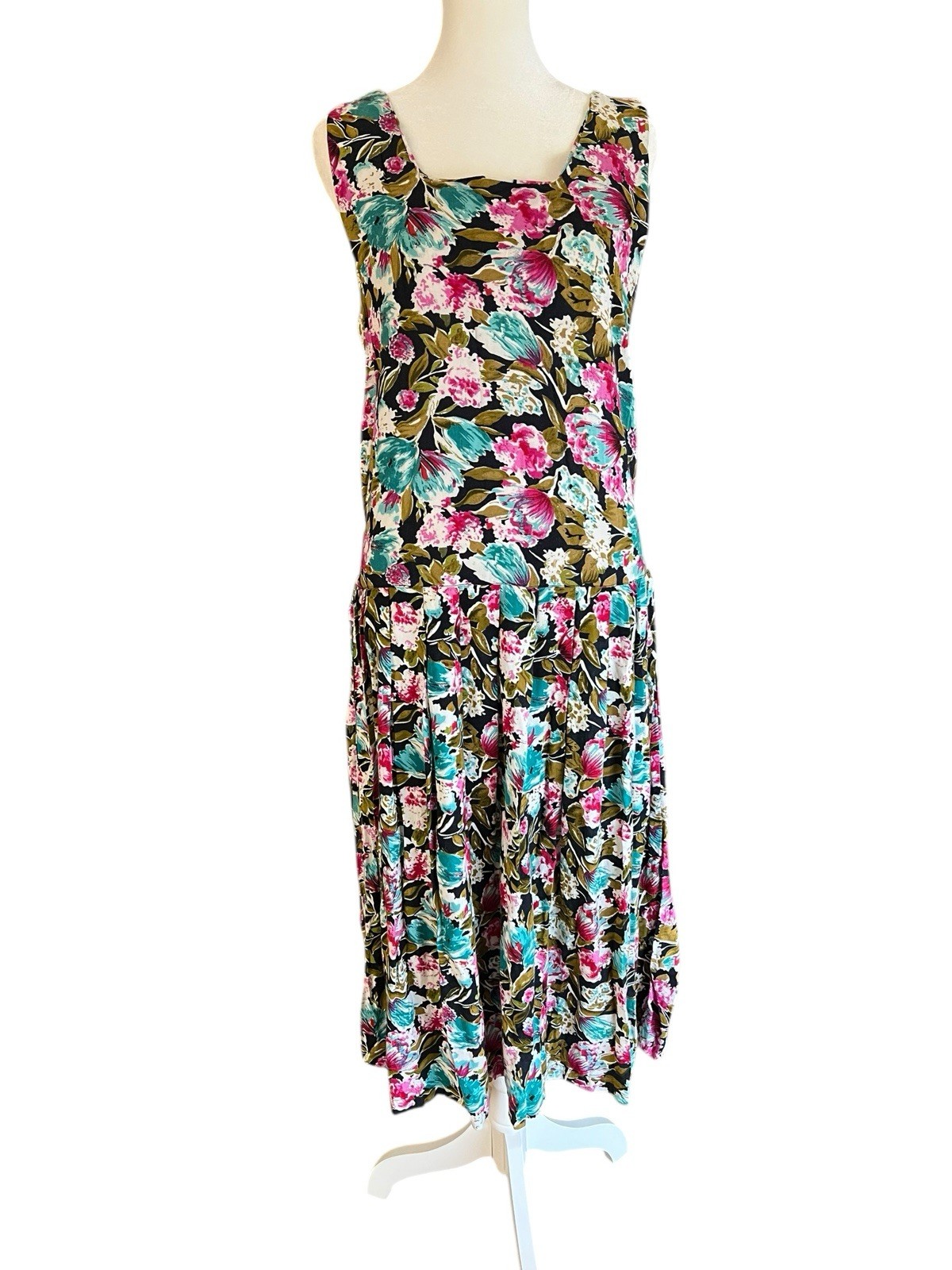 VTG ALLISON BLAIR Floral Drop-Waist Button-Back Tie Dress 80s/ 90s Sz M Pleated