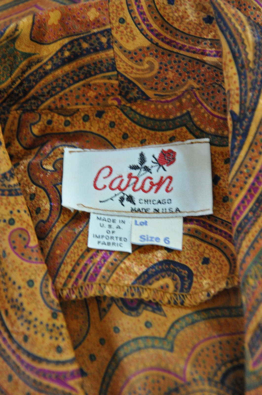 80s Vintage Spice Brown Silky Charmeuse Paisley Strong Shoulder Dress Women S M