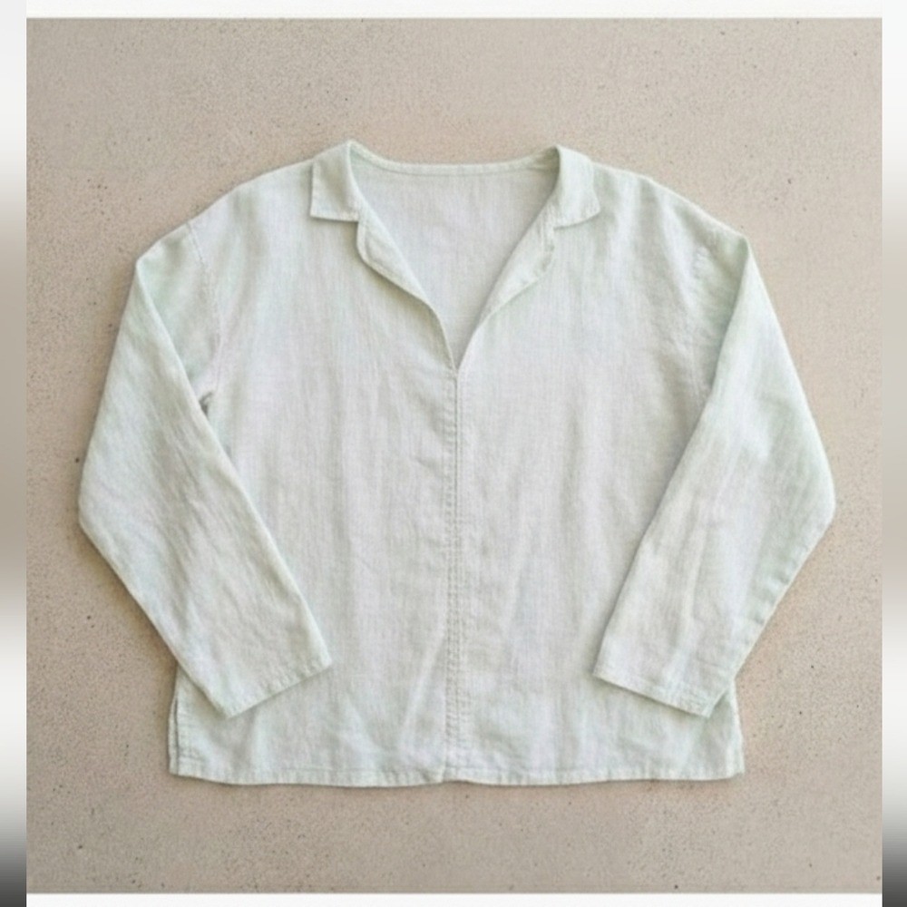 Vintage 90s Minimalist Sea Foam Linen Collared Top Women’s Medium Quiet Luxury