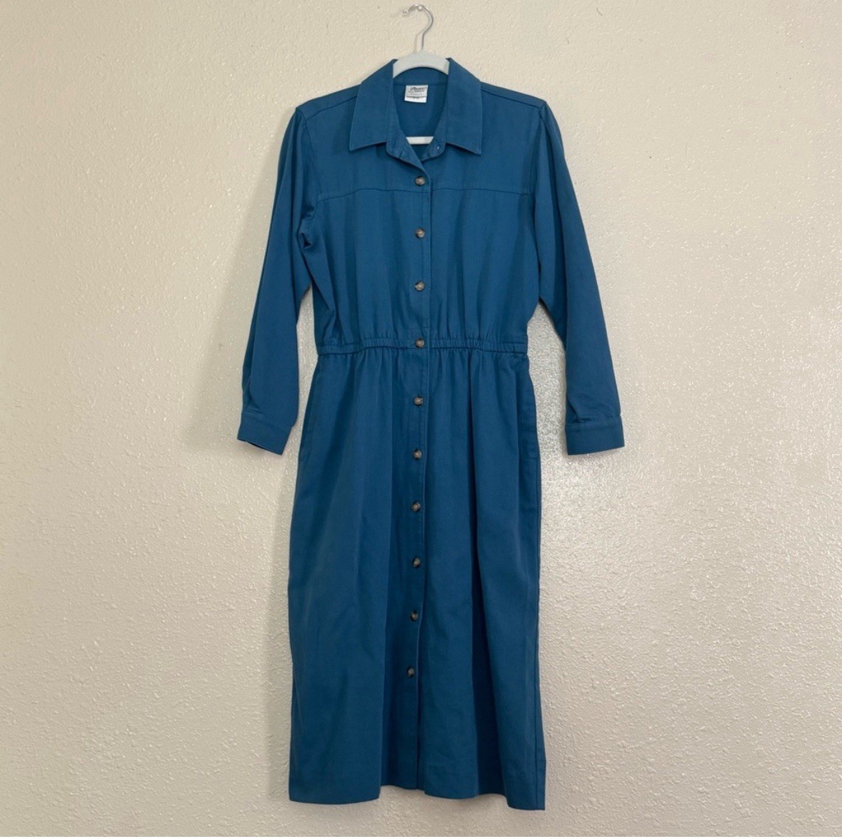 Norm Thompson 70s Vintage Cobalt Blue Utility Dress Sz 10P Midi Heavy Knit