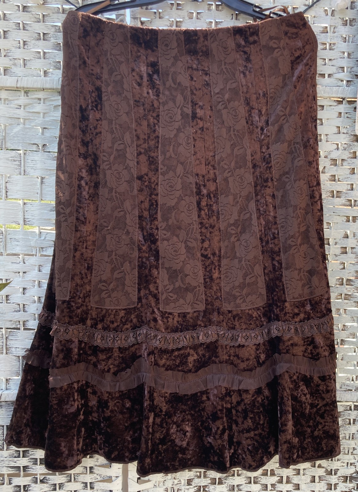 Vtg Victorian Goth Skirt Crushed Velvet Lace Deep Burgundy Brown XL(L)