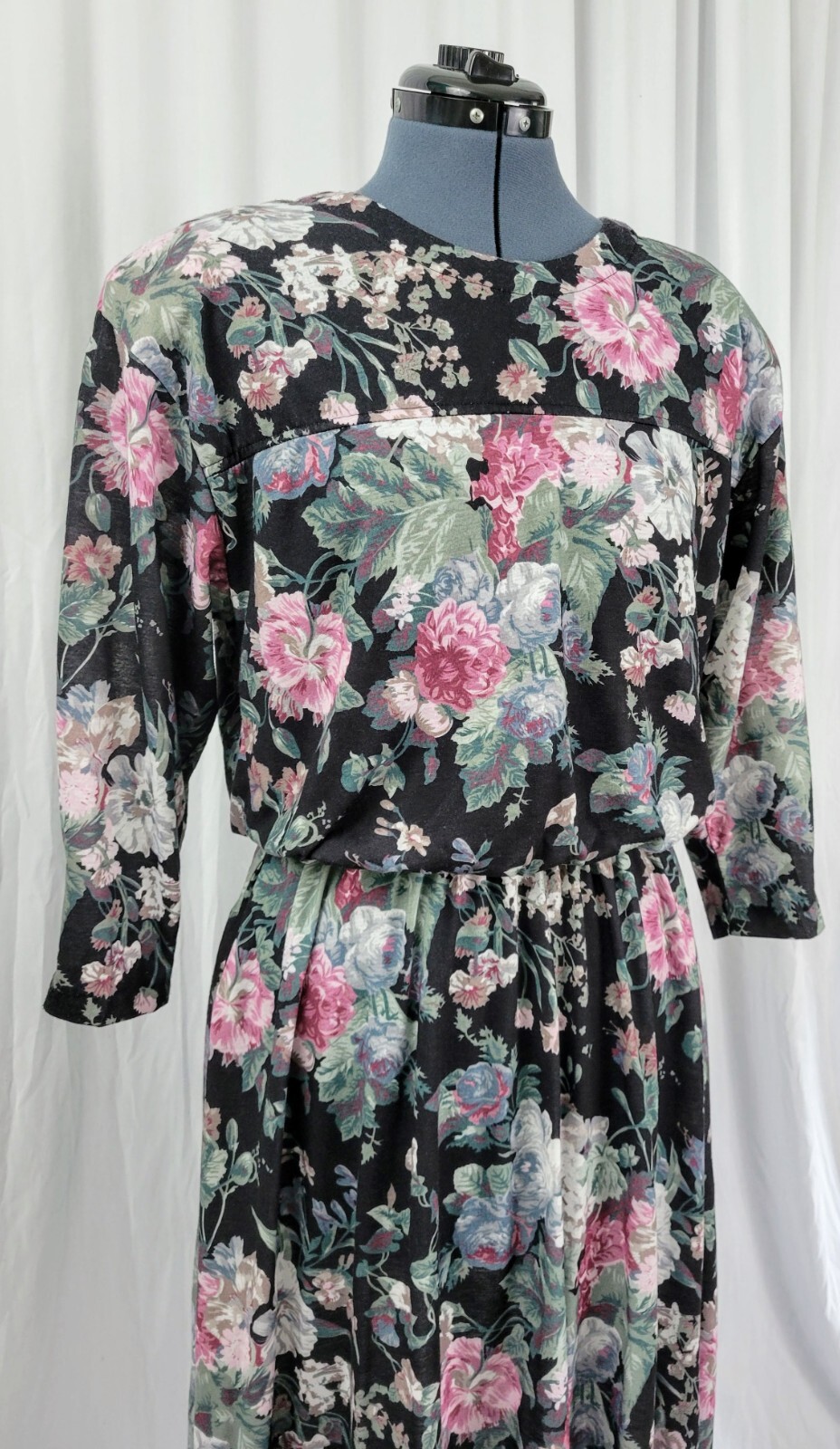 Vintage Meryl Fashions Ltd Black Blouson Dress w Pink & Green Florals Size 12