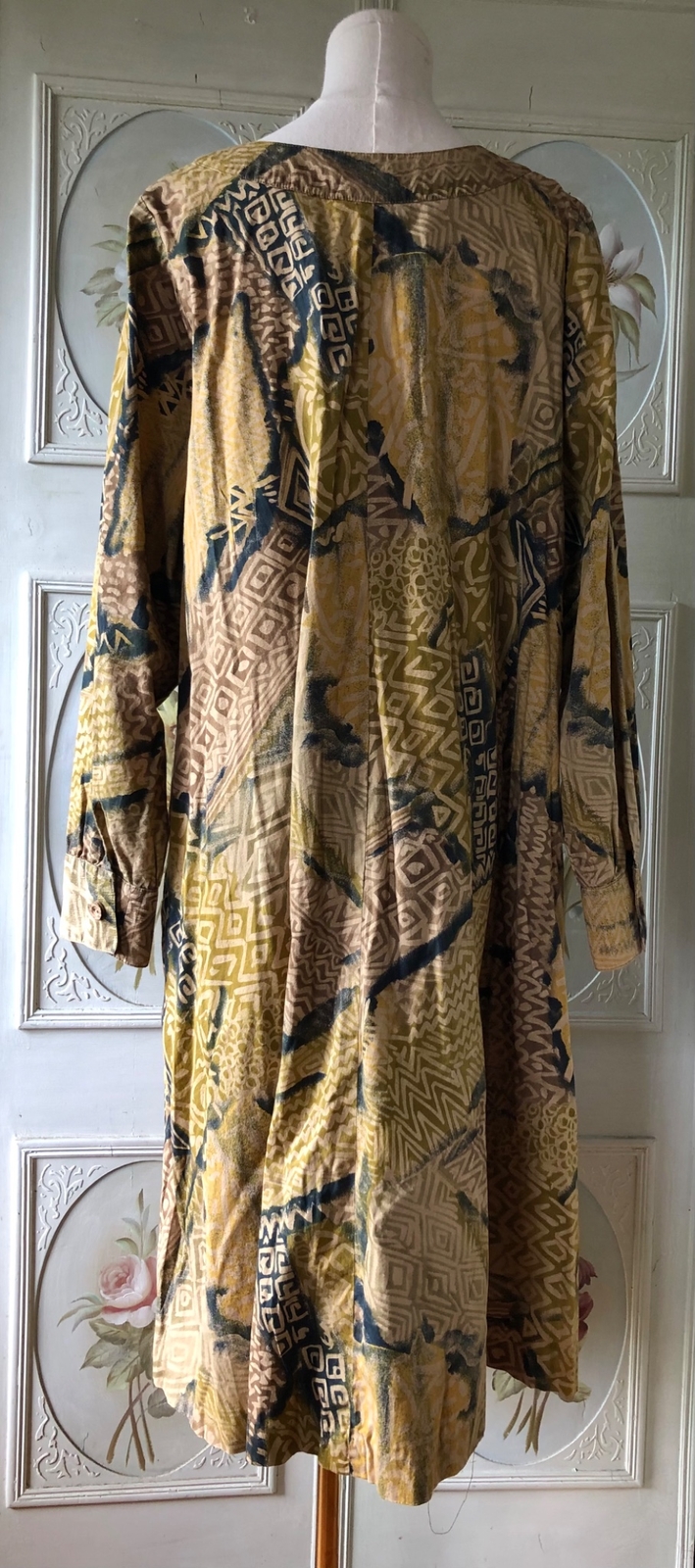 VTG BARBARA McCAINE ASHANTI COTTON DRESS SLEEVE TAN BROWN BLACK TIKI PRINT S EUC