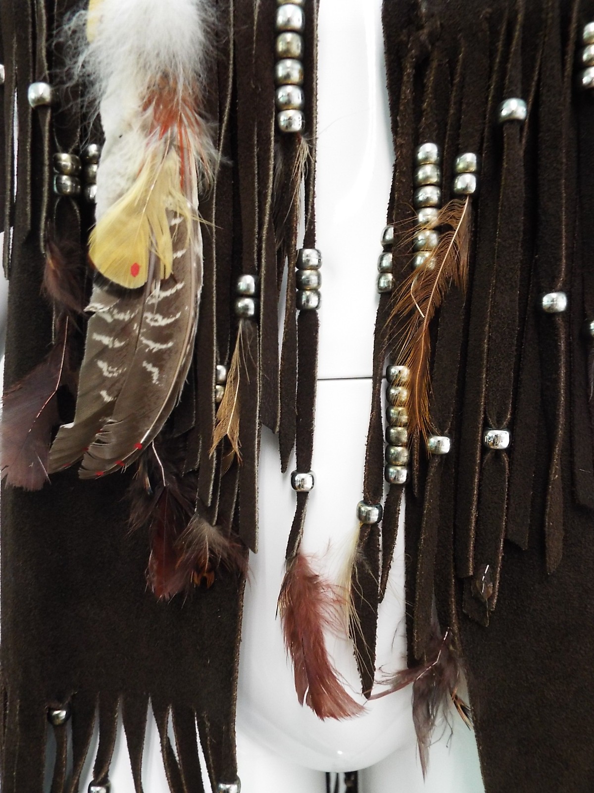 VTG 1970s Long Brown Suede Fringe Tunic Vest HIPPIE Feathers Beads Festival Boho