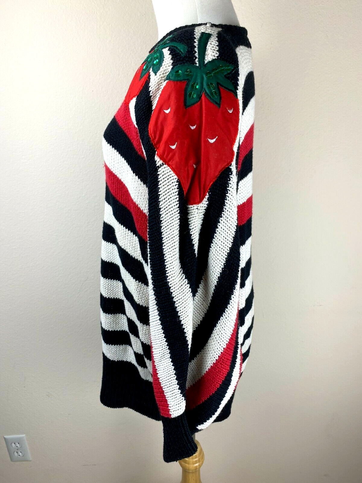 VTG 80s Bonnie Boerer Grannycore Batwing Chunky Sweater S Red Black Striped Knit