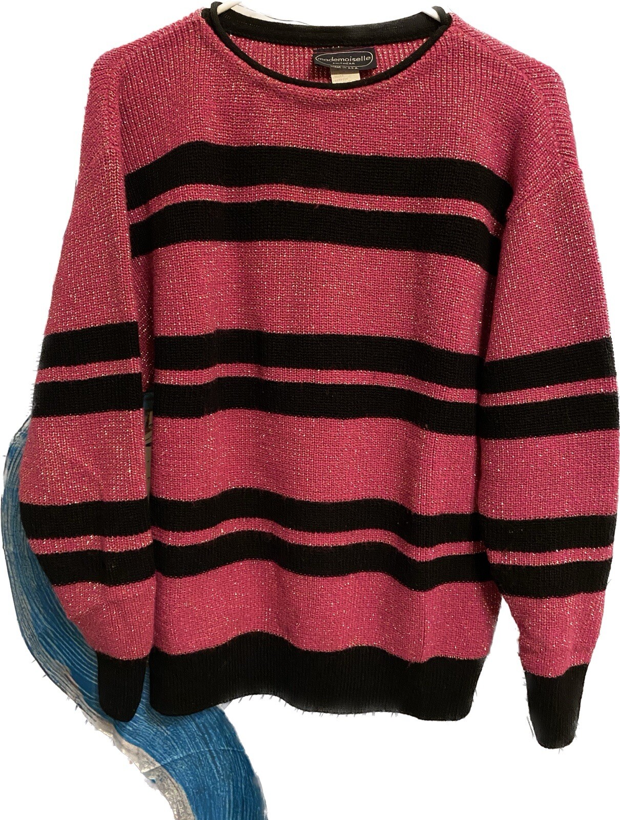 Vtg 80s Women Sweater Mademoiselle Med Hot Pink Black Stripes Gold Threading
