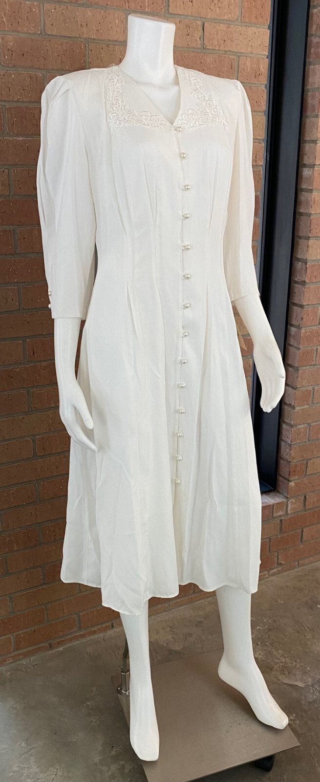 Womens VINTAGE TINA BARRIE MIDI DRESS Button Front LACE APPLIQUE White NEW 11-12