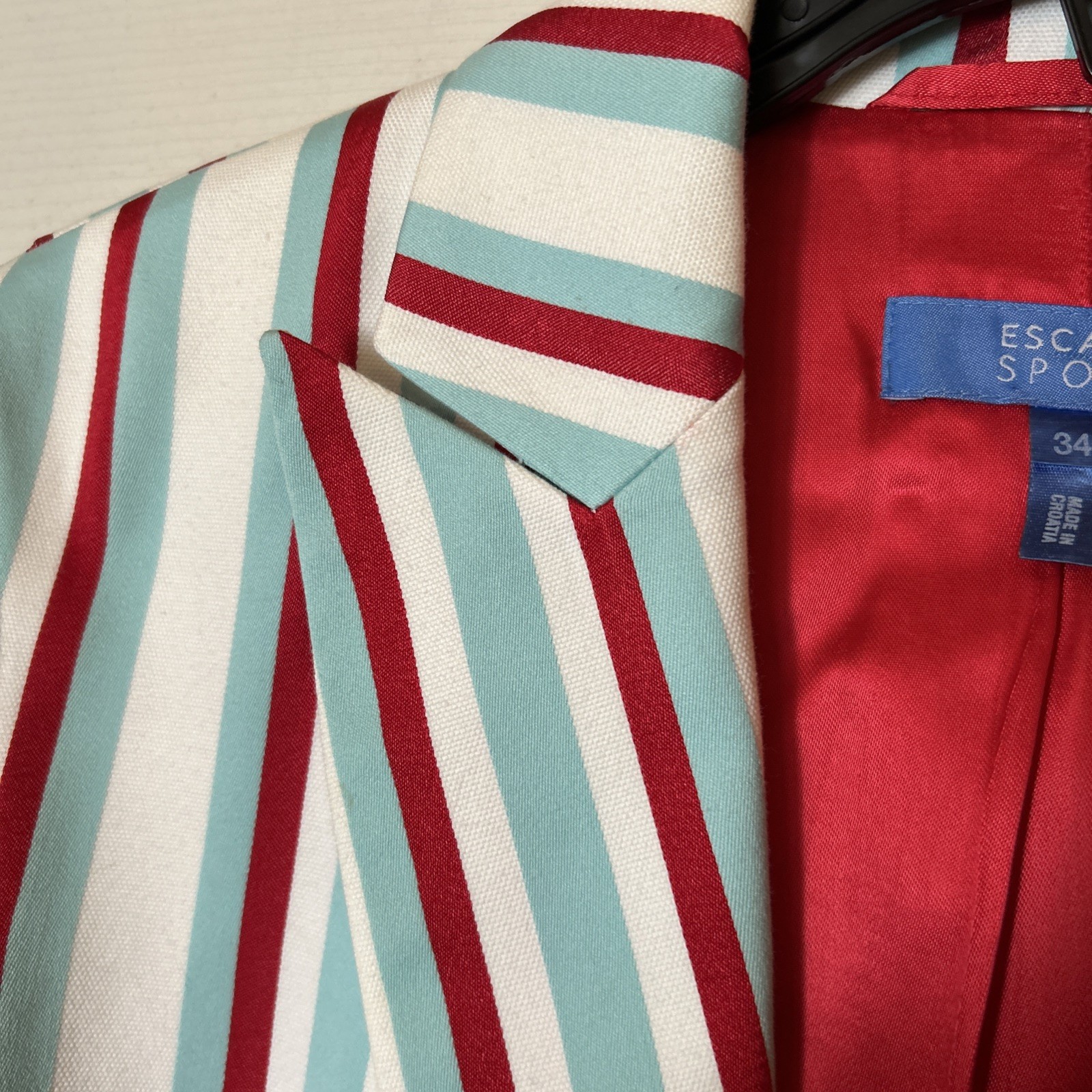 Vintage Escada Womens Sport Jacket Blazer Aqua Blue Red White Striped 34