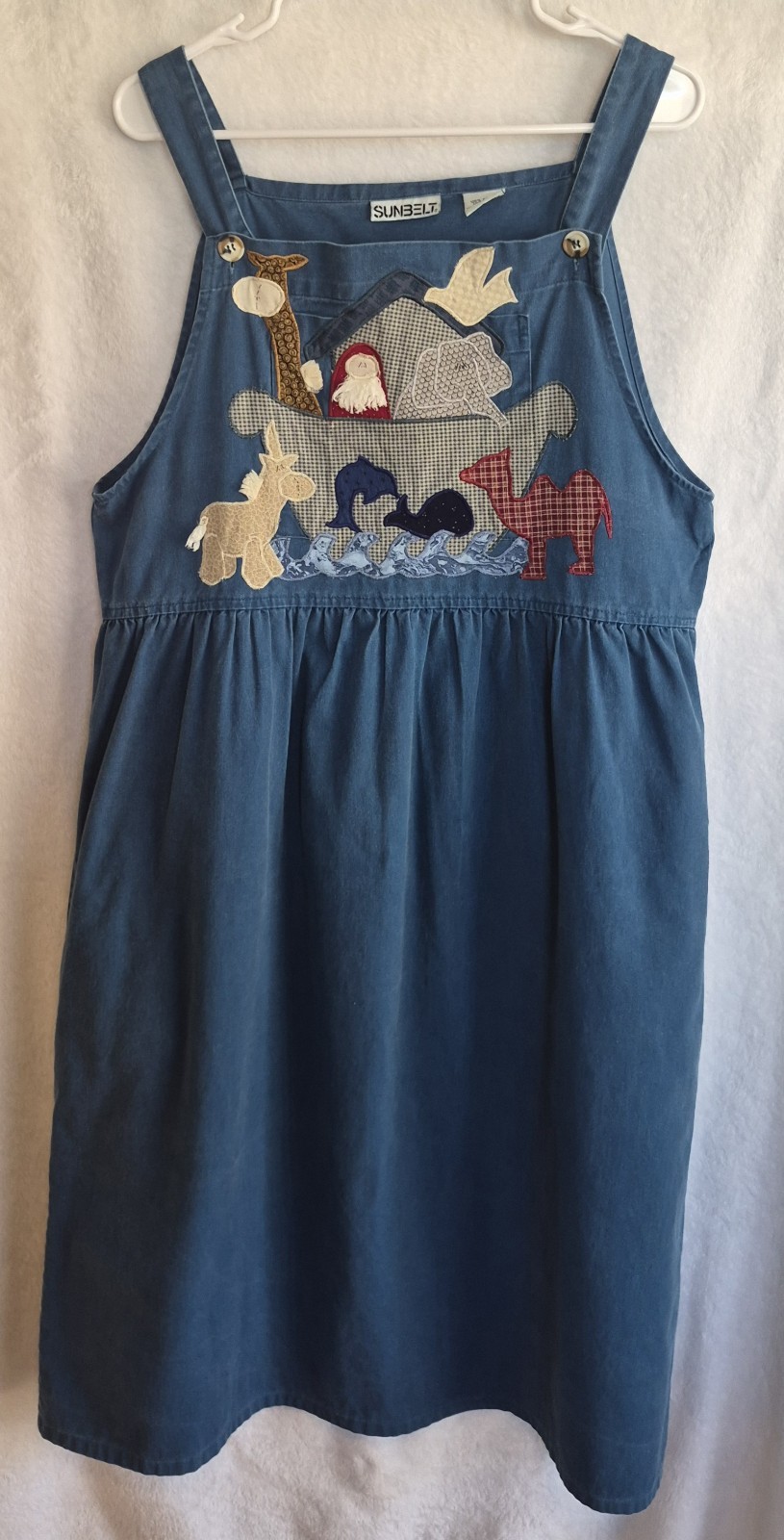 Vintage Sunbelt Noahs Ark Applique Denim Jumper Dress 90s Cottagecore M Folk Art