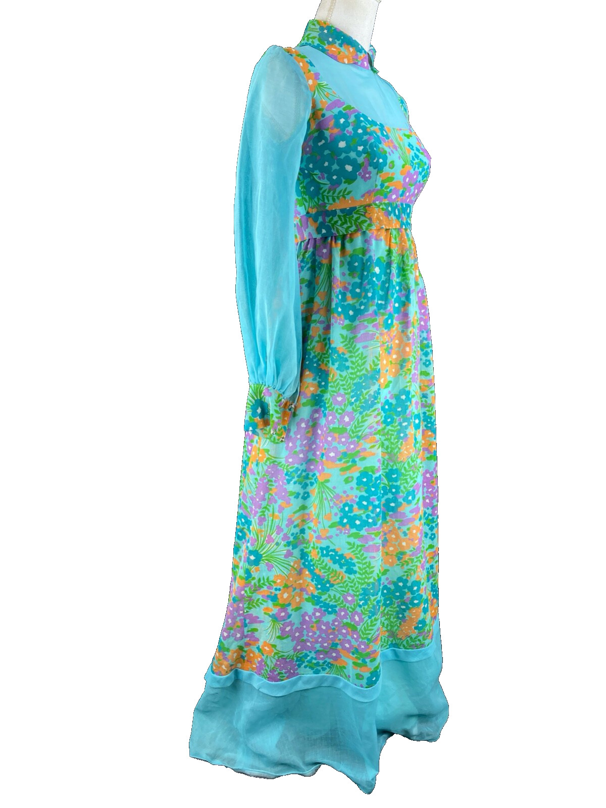 Vtg 60s MOD Maxi Dress XS/S Chiffon Flower Power Psychedelic Hippie Gown Floral