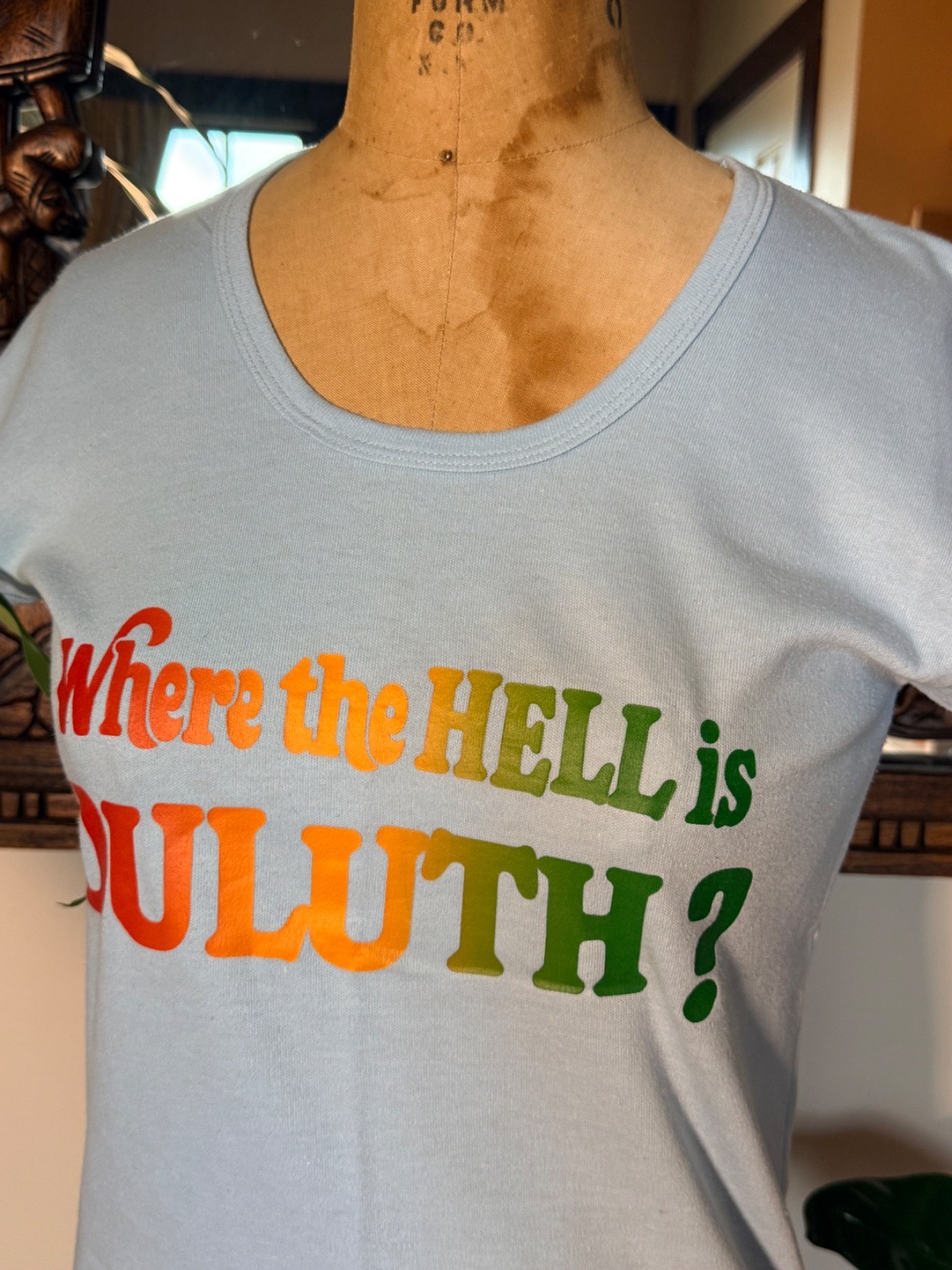 Vintage 70s Women’s Soft Baby Blue Duluth Rainbow T-Shirt Size L