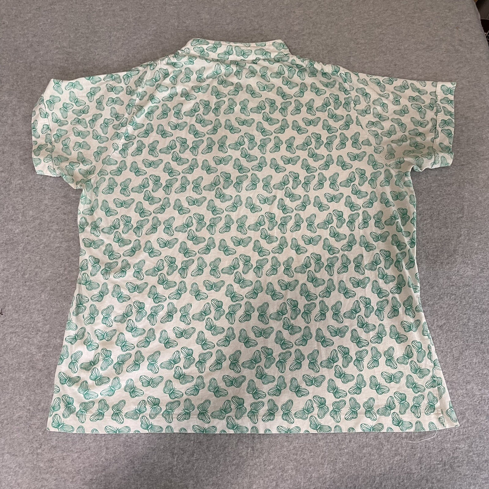 Vintage Barry Ashley Butterfly Women 40 Large T-Shirt White Teal Button Y2K