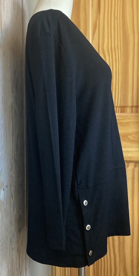 90s Vtg Marcy Allan Black Ribbed Tunic Top Spandex Knit Rivet Metal Buttons EUC