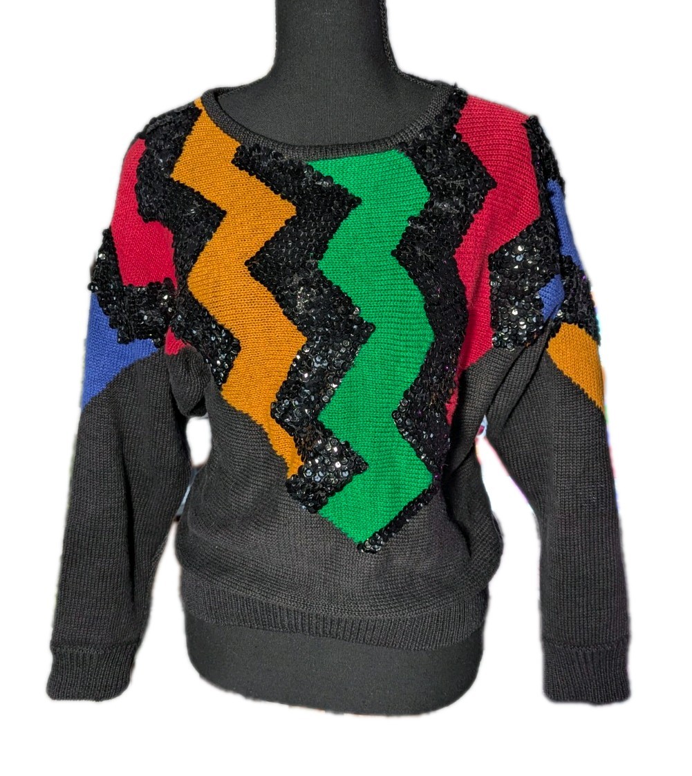 Vintage 80s Reference Point Sweater W/ Sequins & Multicolor Zigzag Stripe Size M