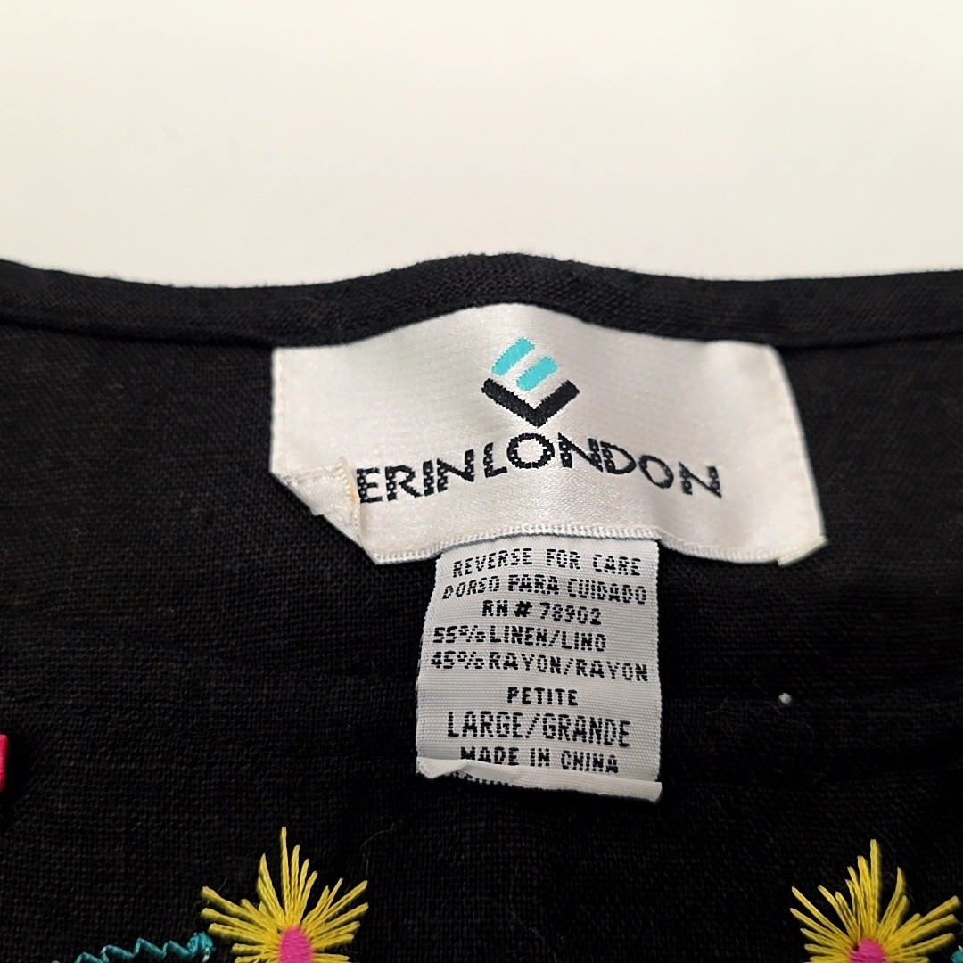 Vtg Erin London Tank Top Women PL Black Linen Blend Floral Embroidered Beaded