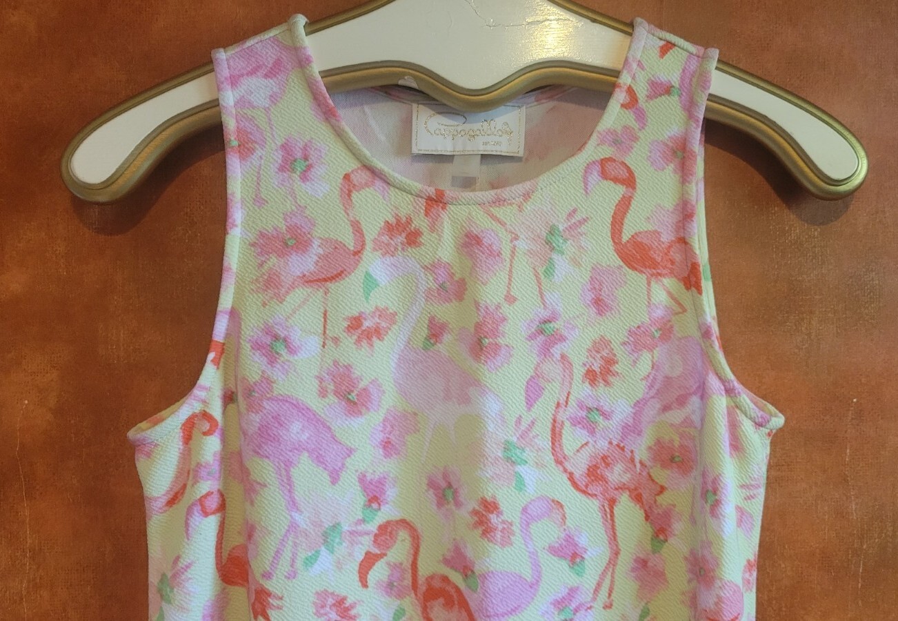 Vintage Cappagallo Pink Flamingo Yellow Swing Dress S Floridian Sundress