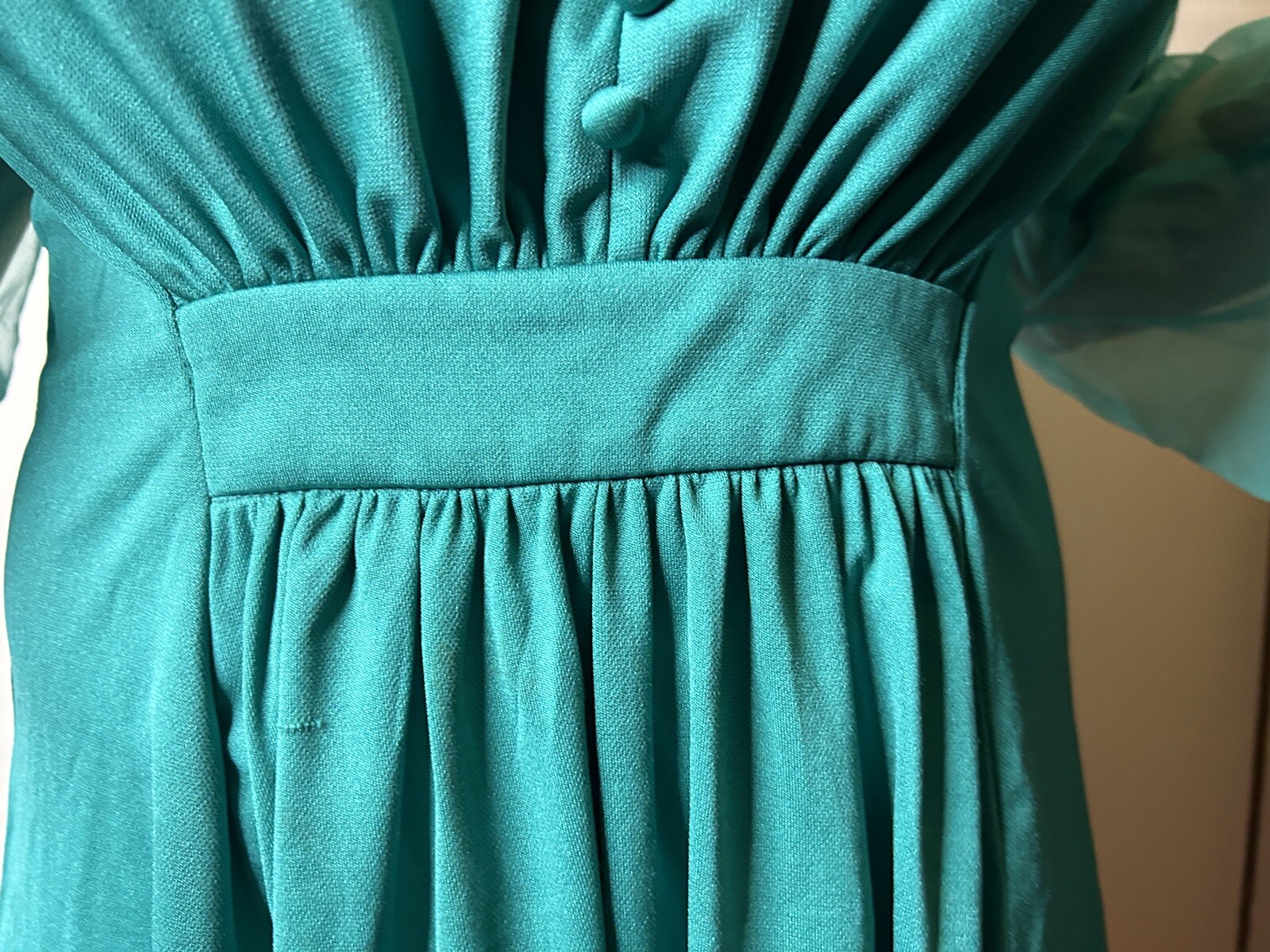 Vintage 1980s does 70s Teal Midi Caftan Dress Chiffon Sleeves Prairie Boho AU 14