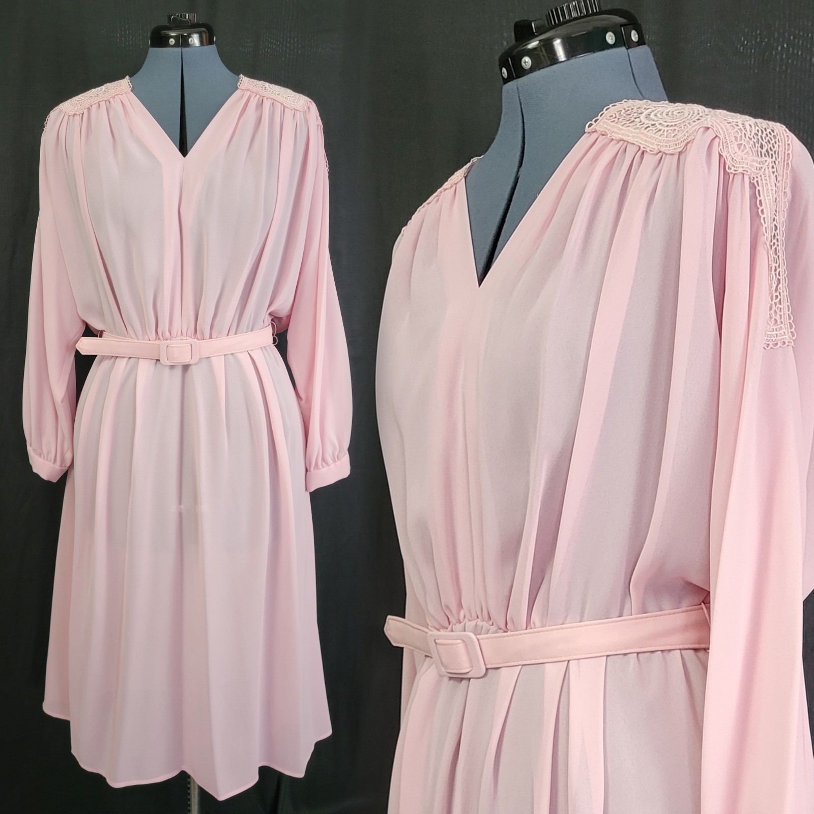 Vintage Light Pink Mauve Blouson Dress w Lace Shoulders & Matching Belt Size 14