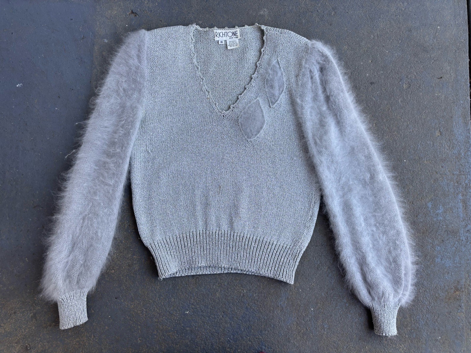 VTG Glam FUZZY Angora Sleeve/trim GLAM V-neck Sparkly Sweater.med/LG