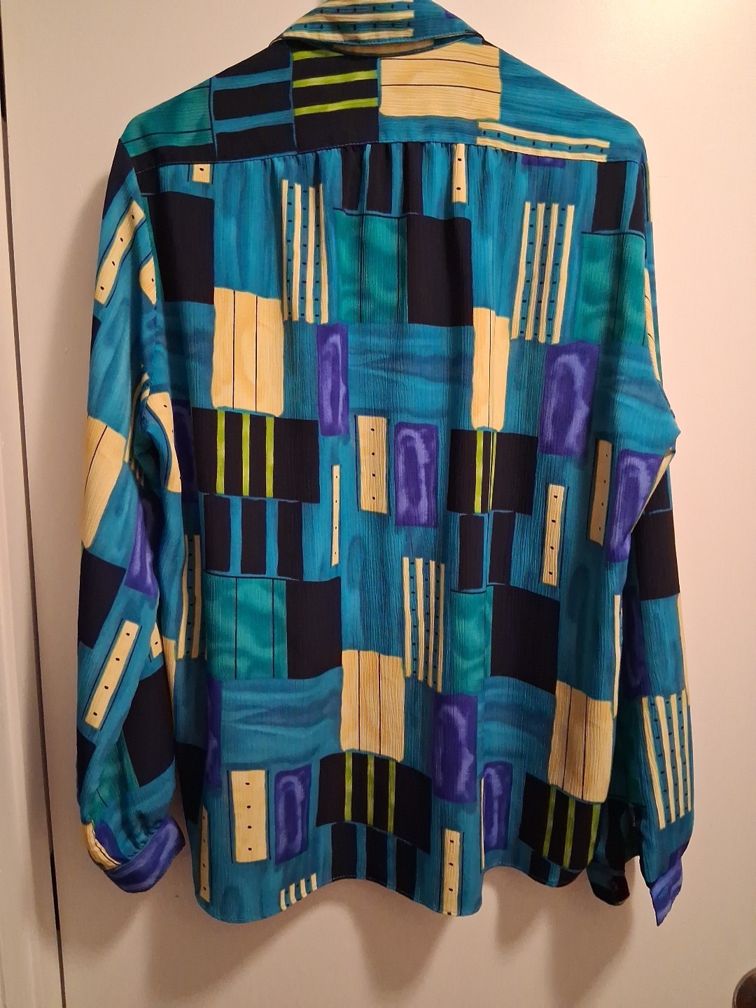 Vintage 80s All Hours Blue/Green/Yellow Long Sleeve Button Front Blouse Sz L