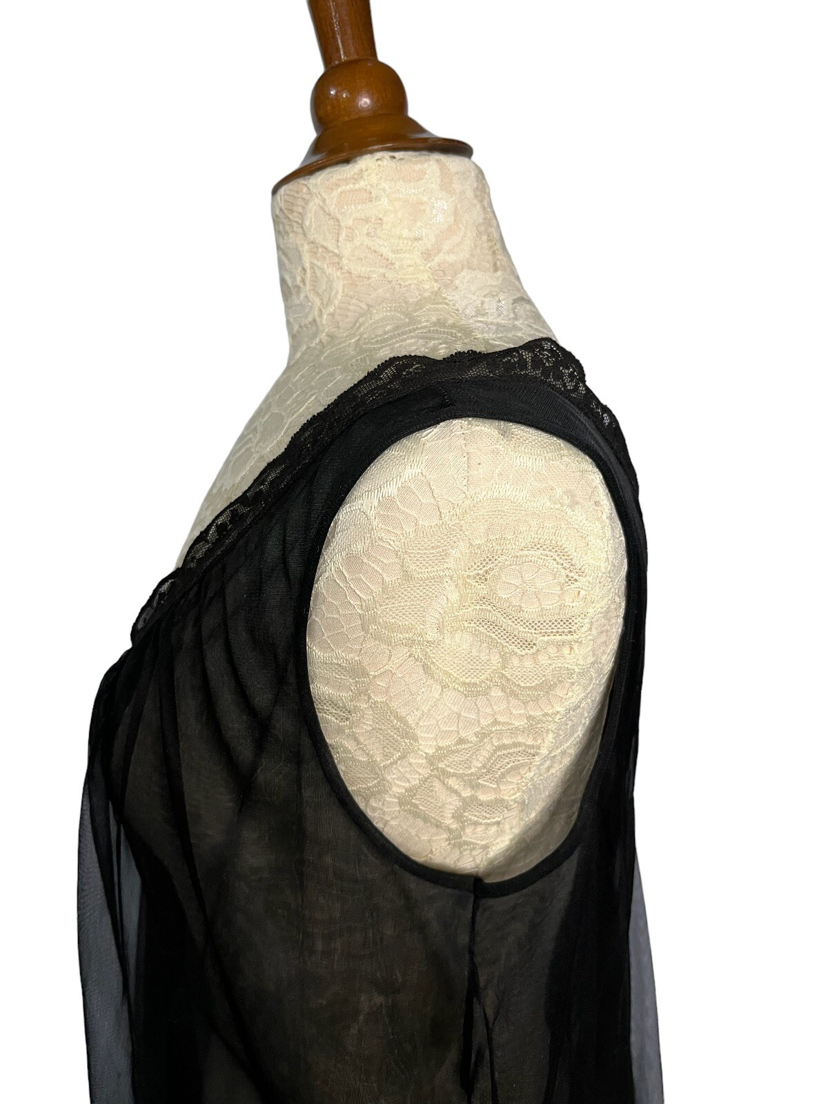 Vintage Lisette Gown Double Black Chiffon Nylon Long Lingerie V Neck Lace Medium