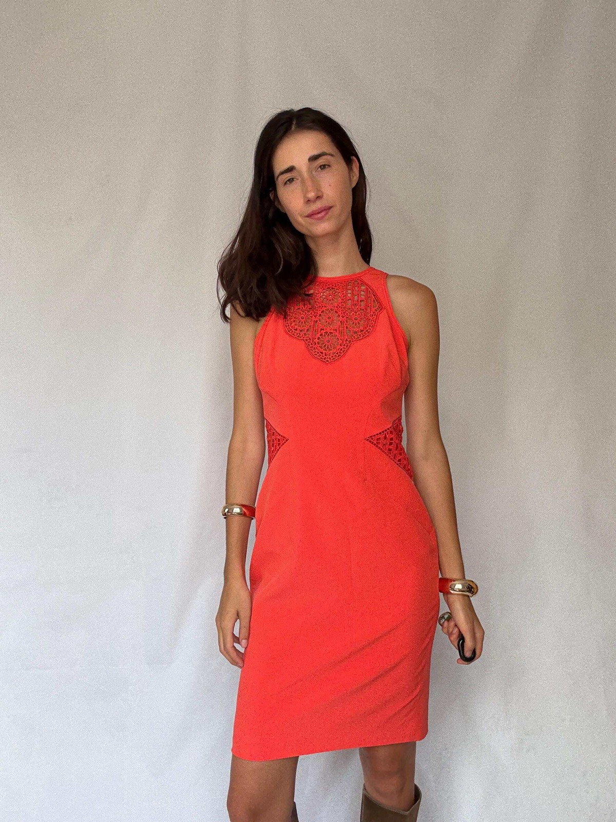 Karen Millen coral lace panel bodycon, EU40,Luxury designer clothing,