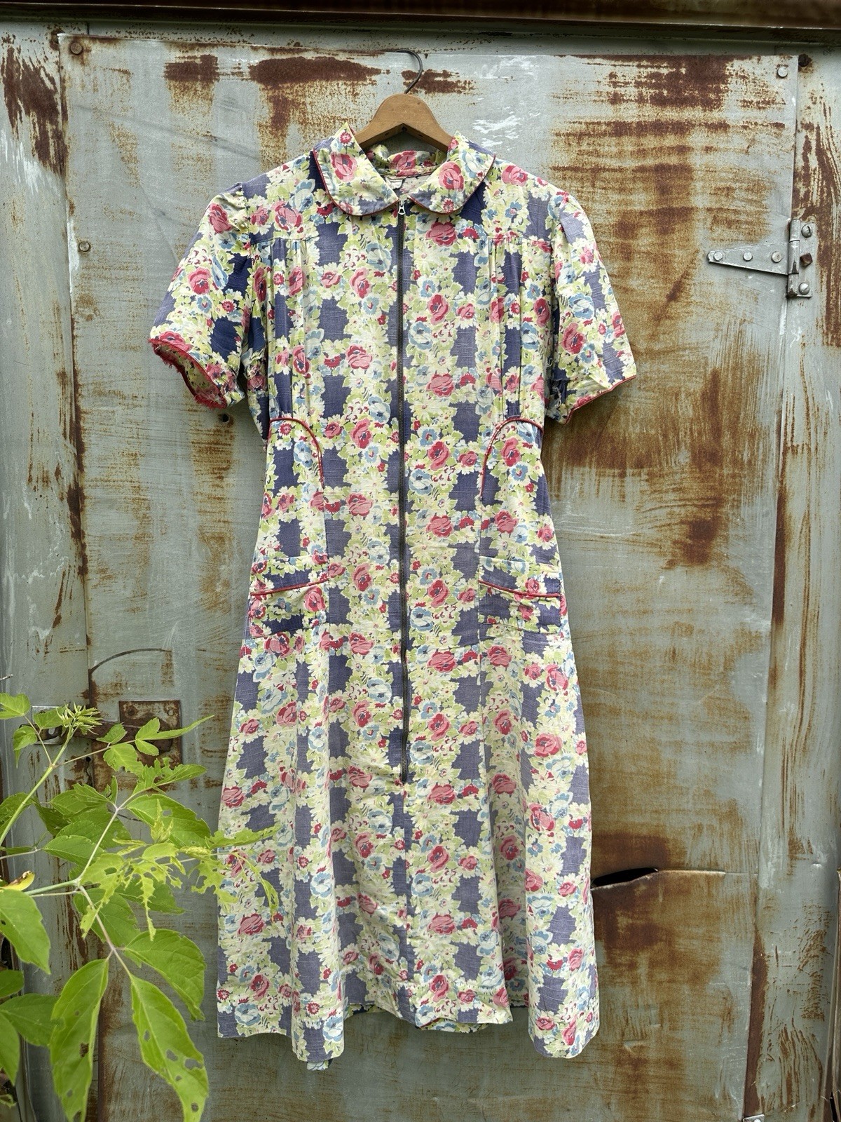 Vintage 1930s Floral Print Broadcloth Cotton Talon Zip Dress Wounded Womens M/L