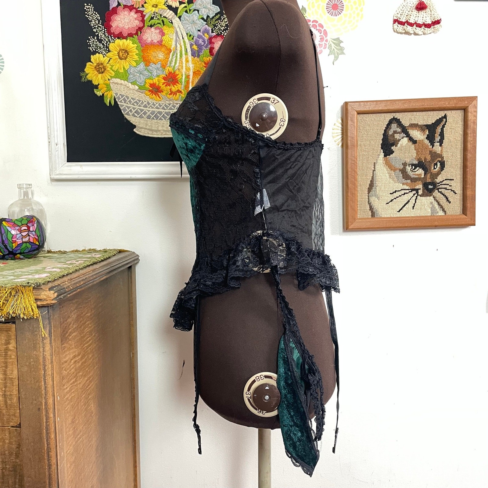 Vintage Green Velvet Teddy w Black Lace Trim, 1970s Corset Style Top w Panty, M