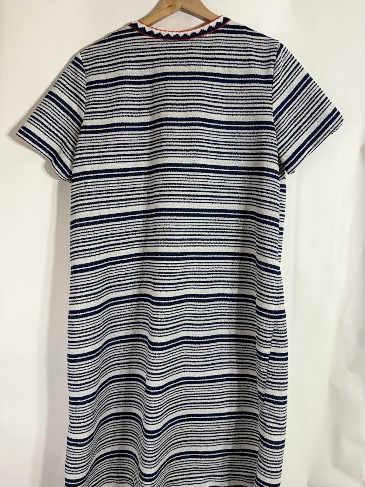 Vintage 60s 70s Flutterbye House Dress Coat Polyester Striped Red White Blue XL