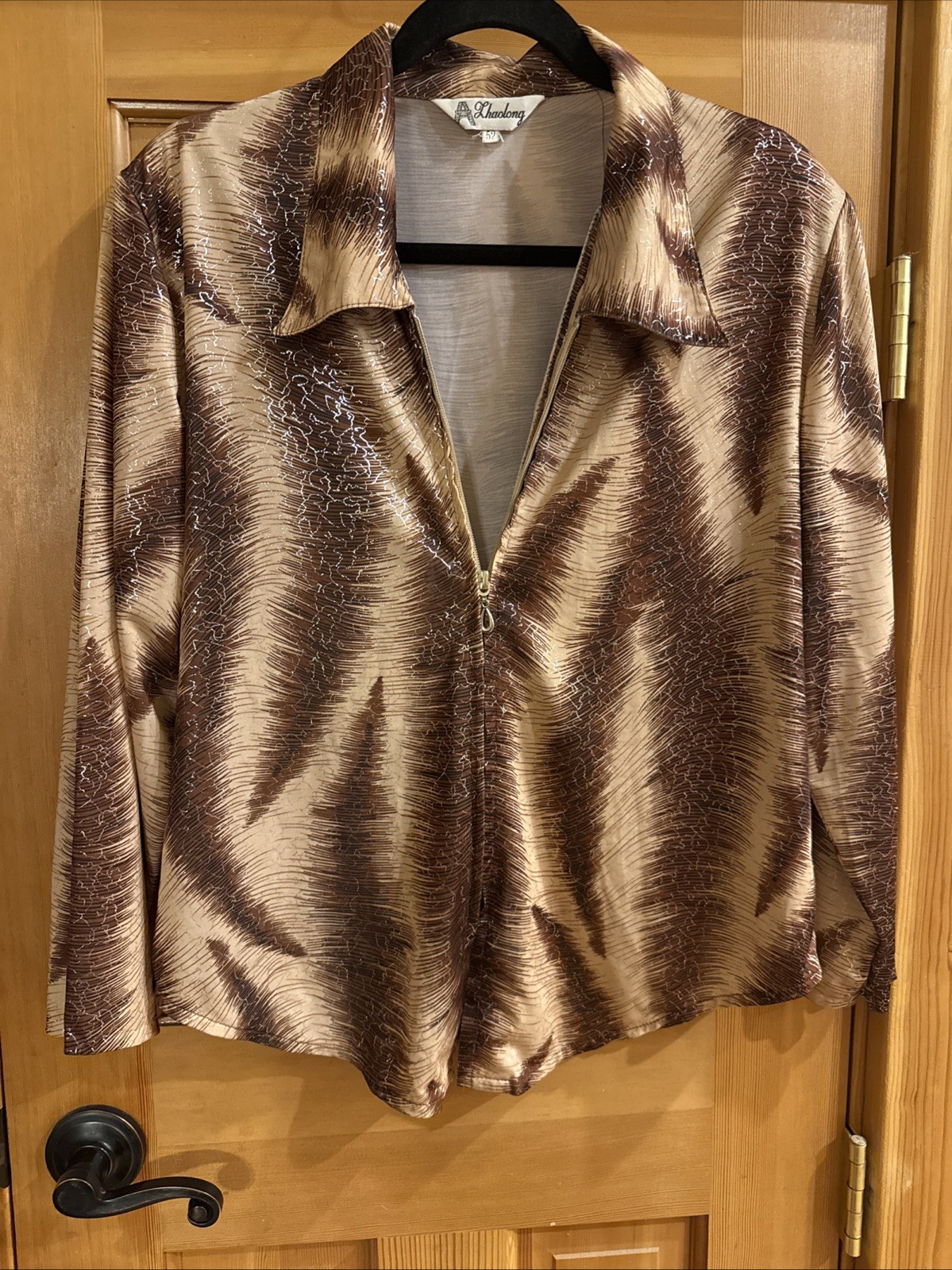 Women’s Vintage 90s Athaolong Long Sleeve Brown, Beige Zip Up Blouse L (52)