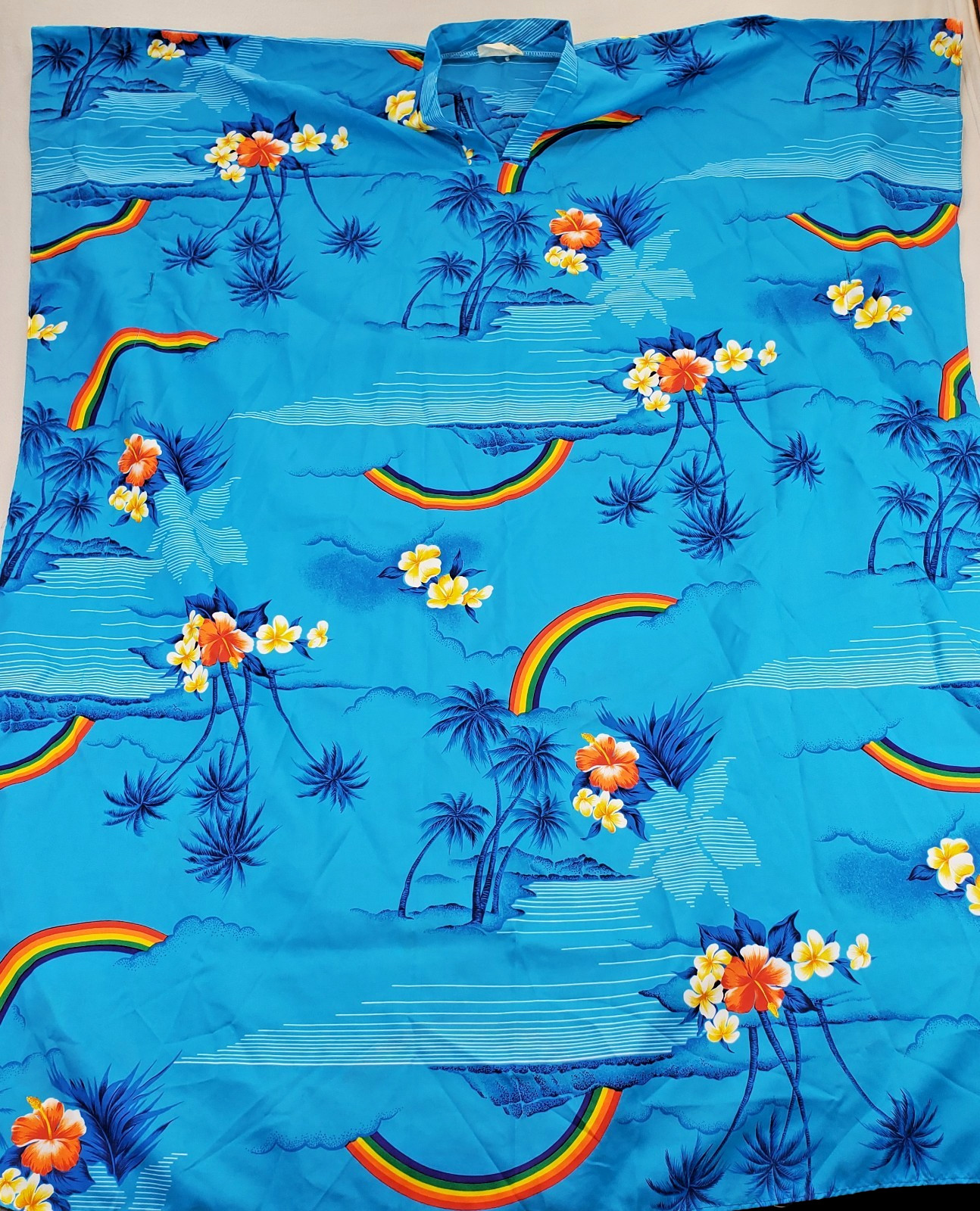 VTG Helenas Hawaii Muumuu Dress OSFM Blue Rainbow Hibiscus Palm Caftan Cover
