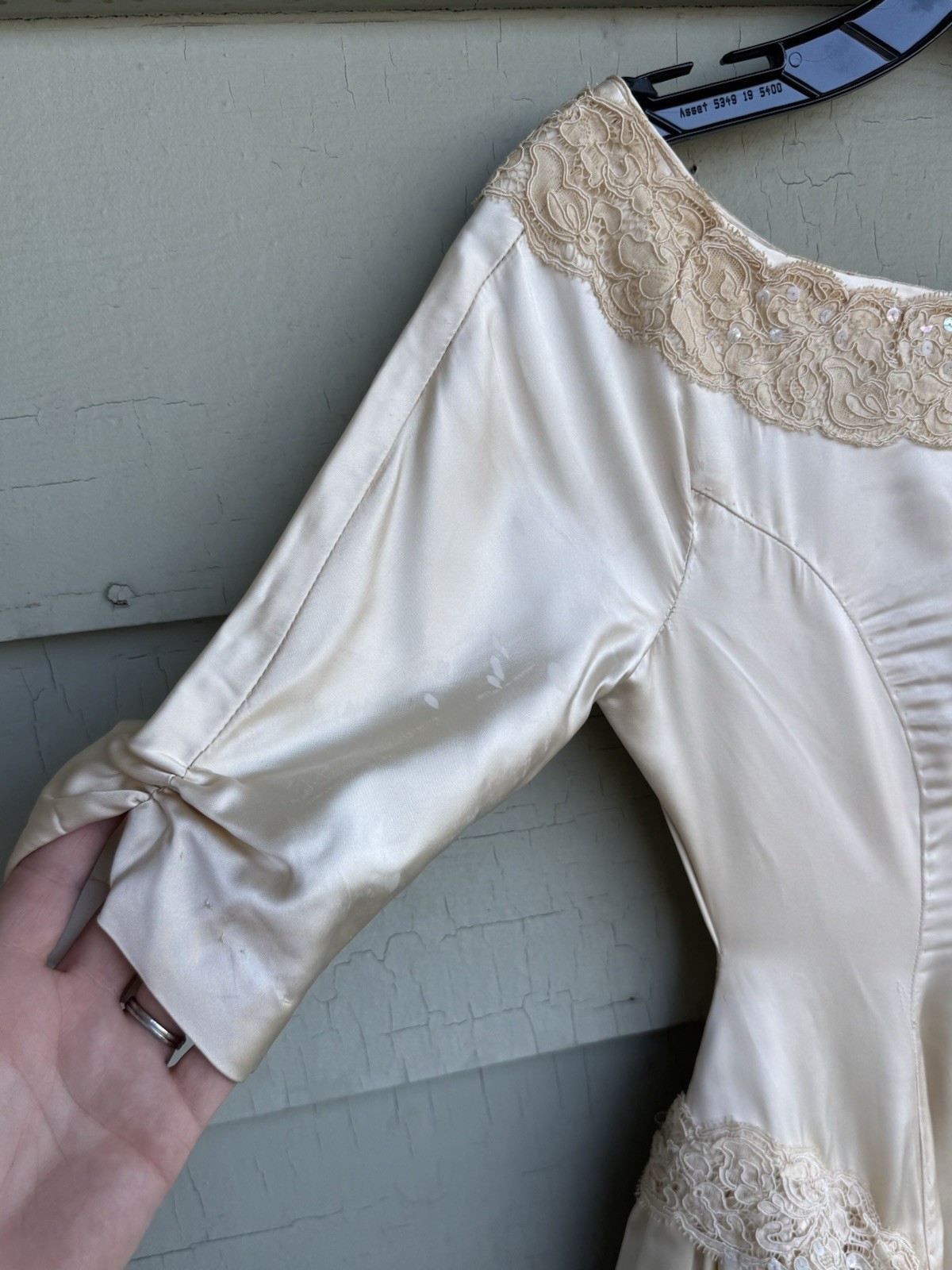 Vtg 40/50’s Satin Wedding Dress Beige Cream Lace Size 2 ? Lace Sequins 22” Waist