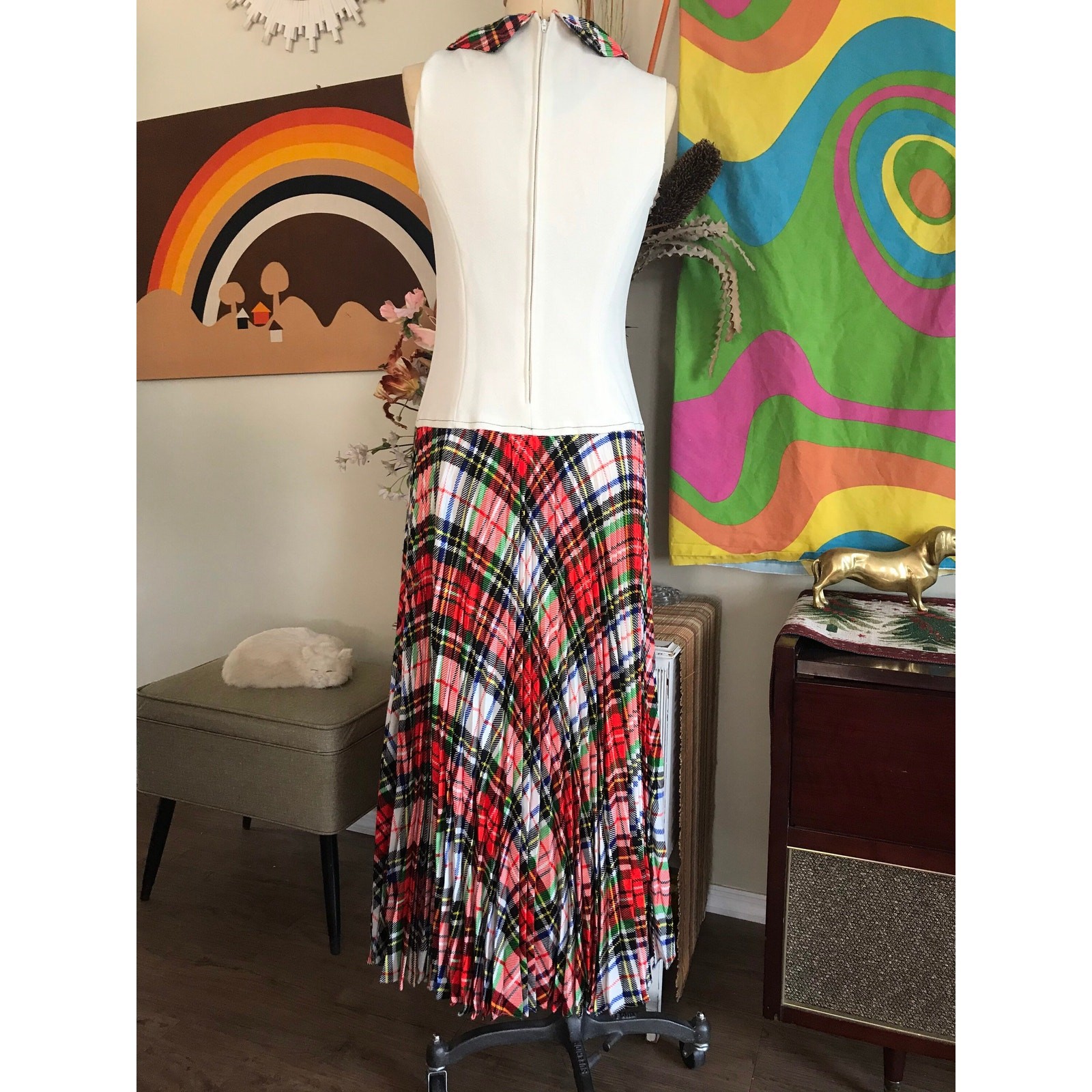 Vintage 1970s Plaid Drop Waist Maxi Dress Red Tartan Beige Polyester Boho