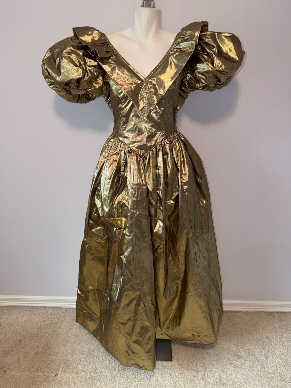 Vintage 80s Gold Lame Prom Dress S M Puff Sleeve Metallic Liquid Gold Ball Gown