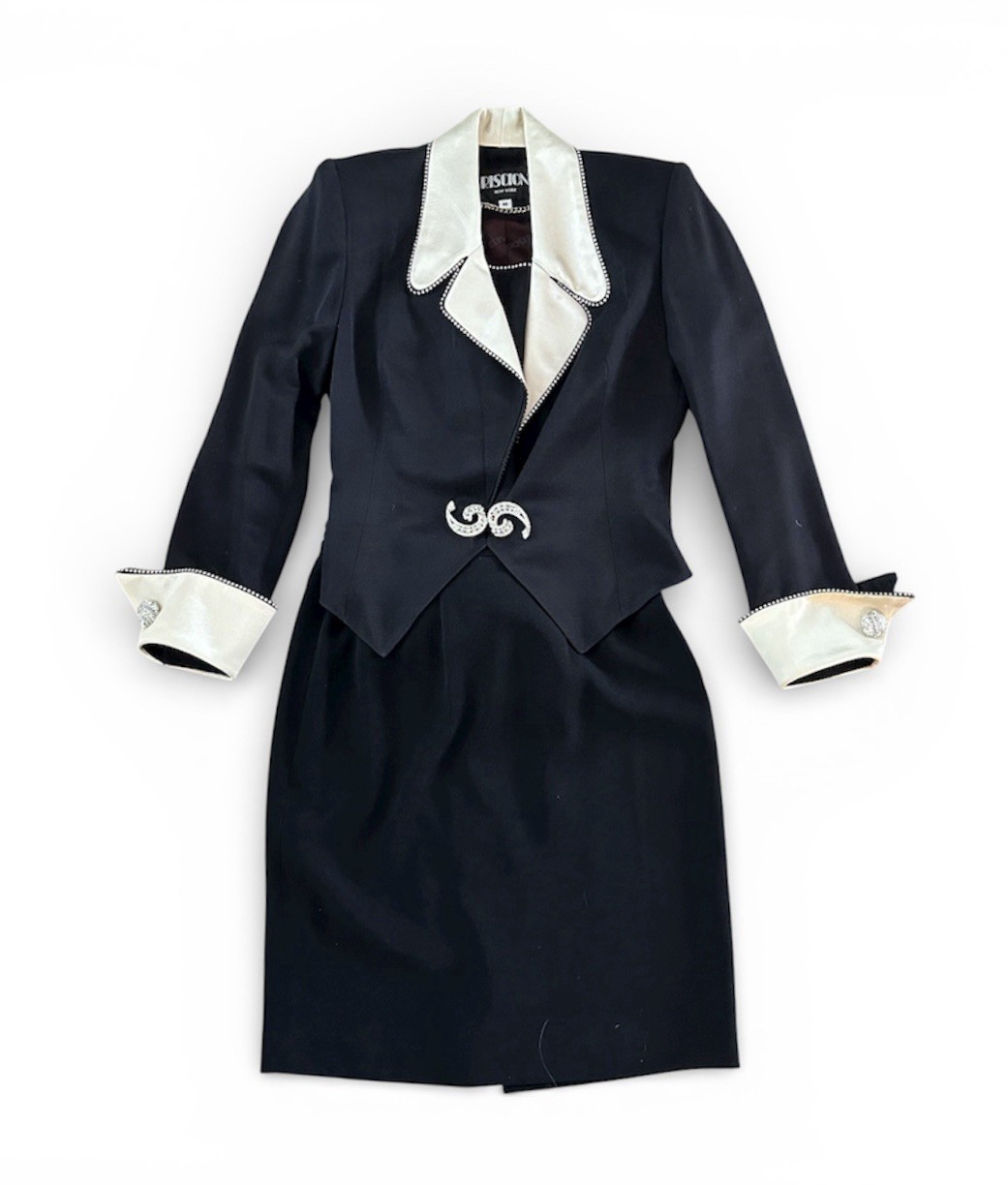 Vintage Criscione 3pc Blazer Skirt Suit 80s Black Ivory Rhinestone Sz XS