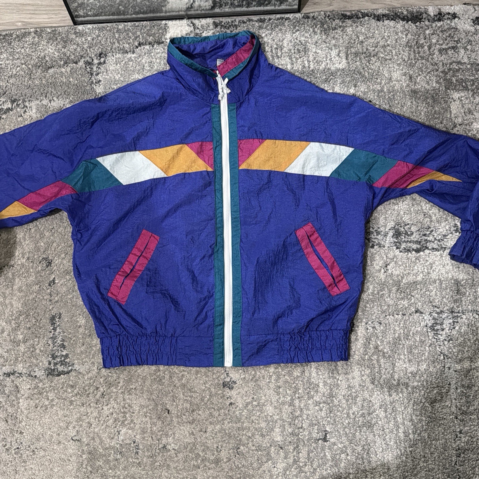 Westport Ltd. 1990s Geometric Colorblock Nylon Jacket Blue Pink Yellow Green
