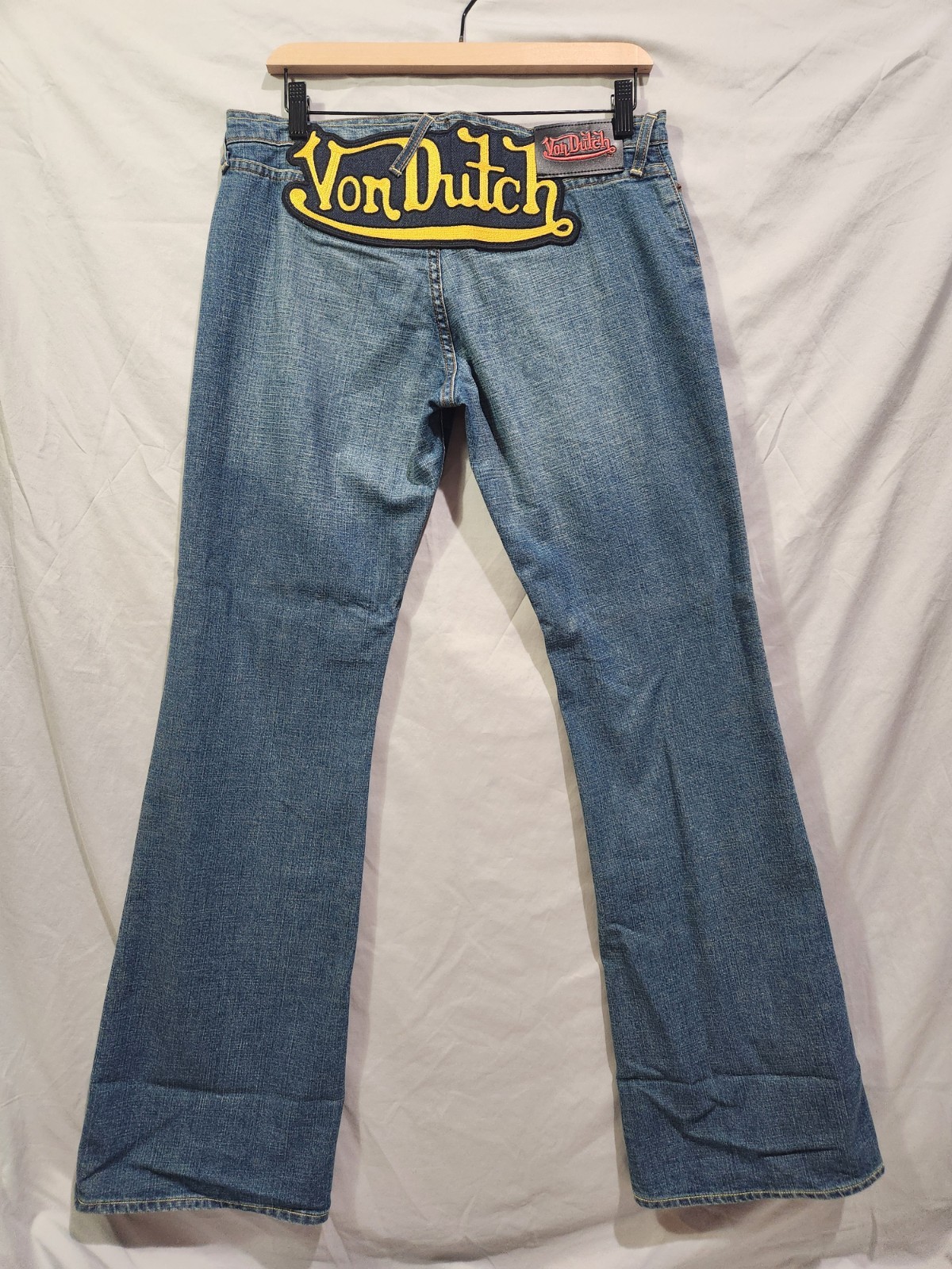 RARE Von Dutch Angelina Patch Jeans Womens 30 Blue NEW Y2K Flared Wide Leg MINT