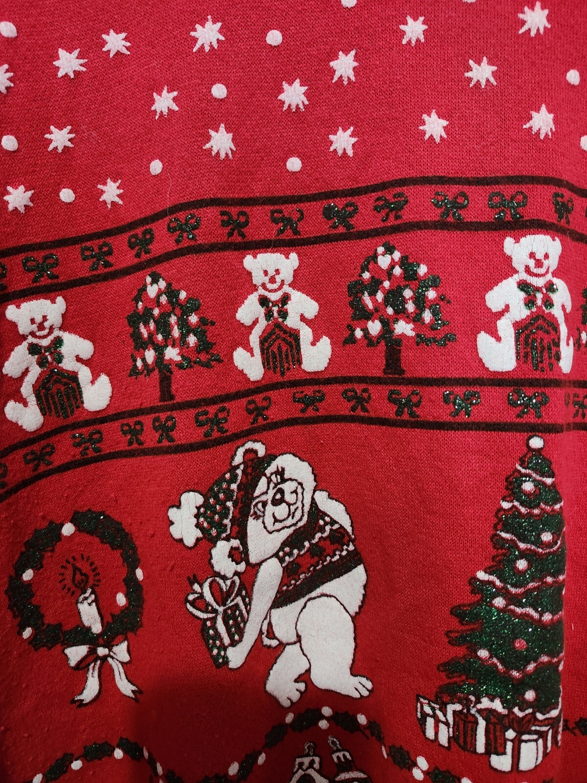 Vintage Sky Lite 80s Red Teddy Bear Christmas Crewneck Sweater Glitter Large USA
