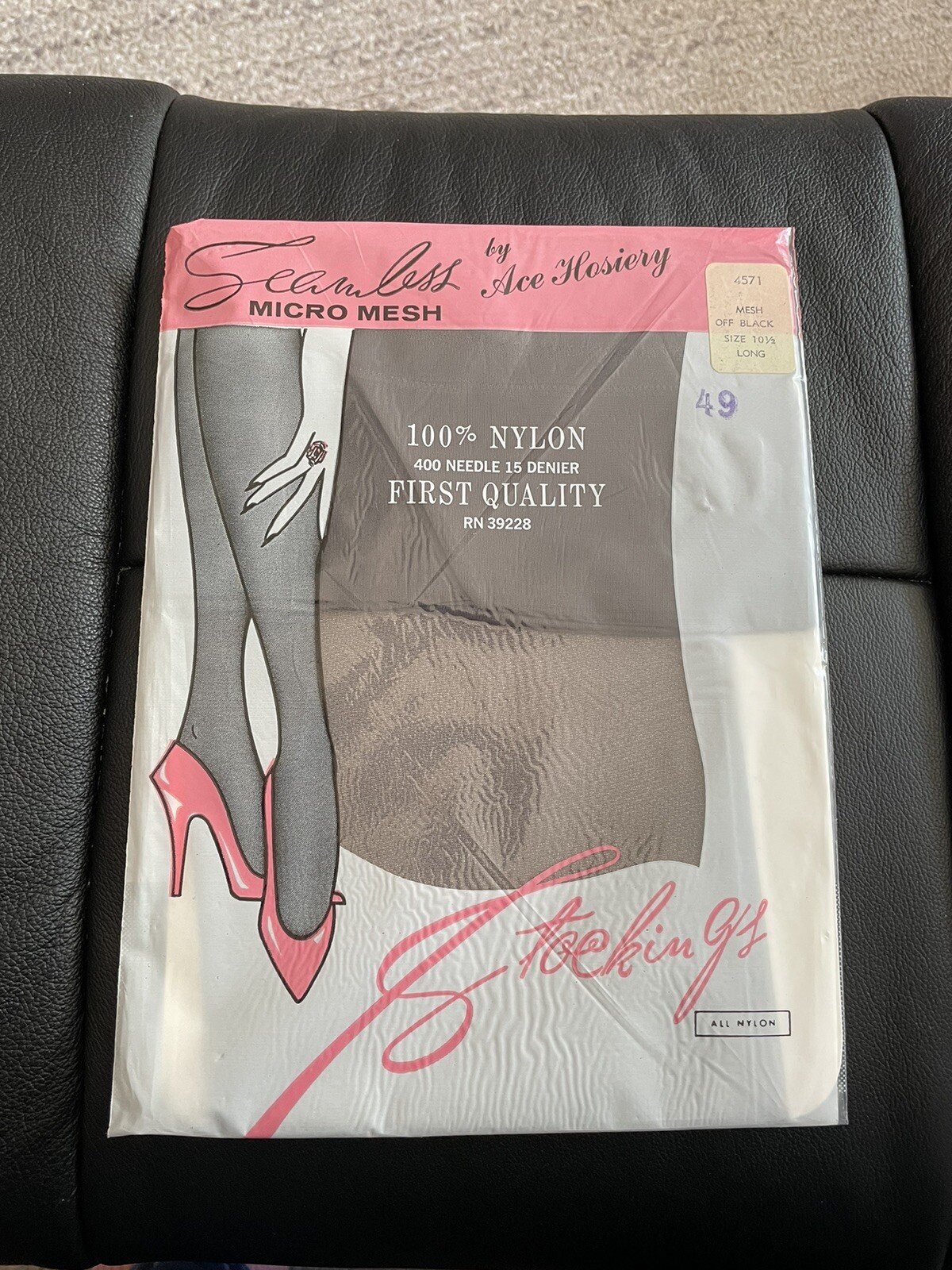 1 Pair Vintage Ace Hosiery Garter Stockings Mesh 10 1/2 Long Off Black