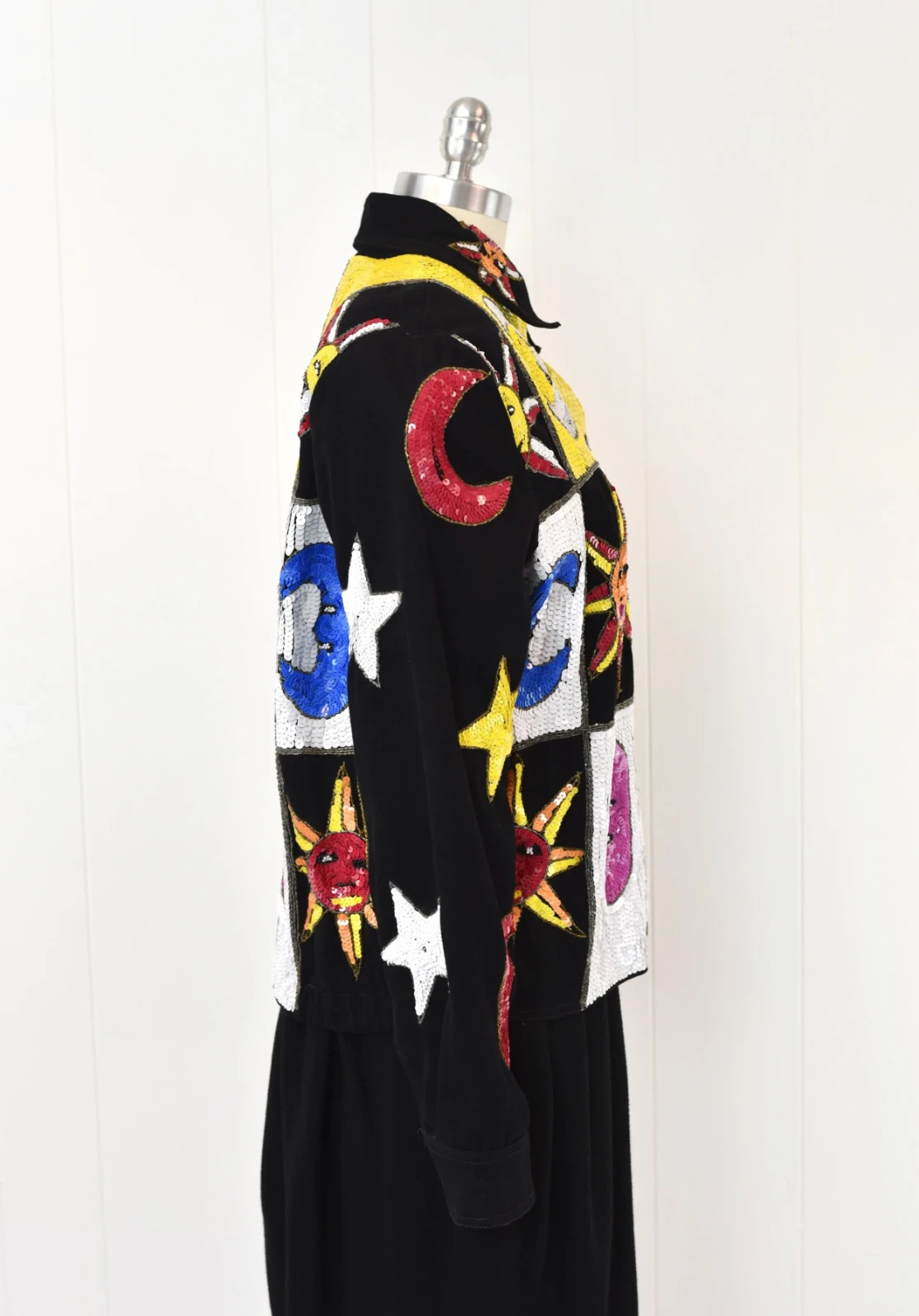 Vintage 1980s 90s Modi Sequin Celestial Sun Moon Stars Patchwork Denim Jacket