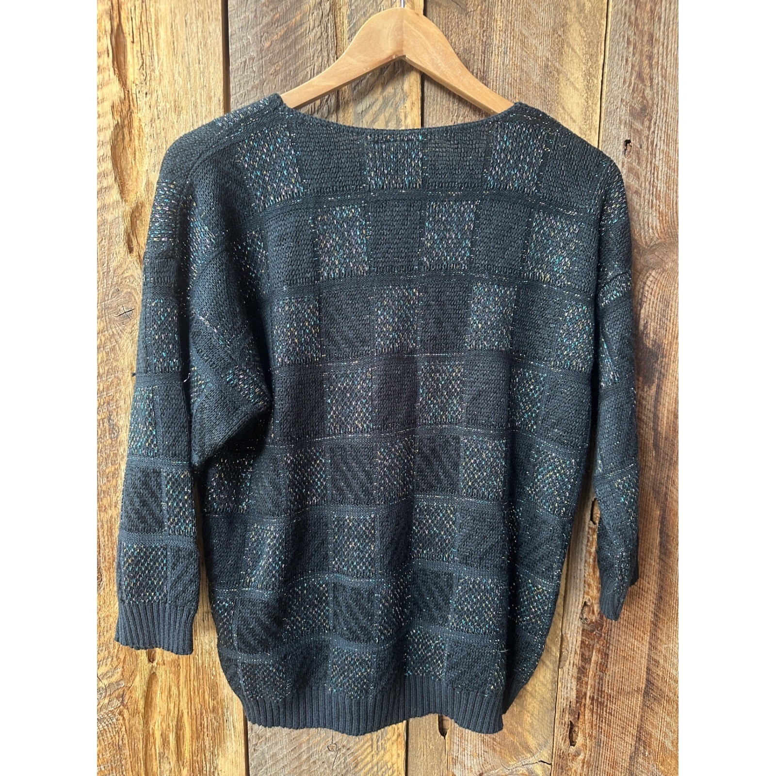 Vintage Kenneth Too Plus Black Knit V-Neck Sweater Sparkle Plaid