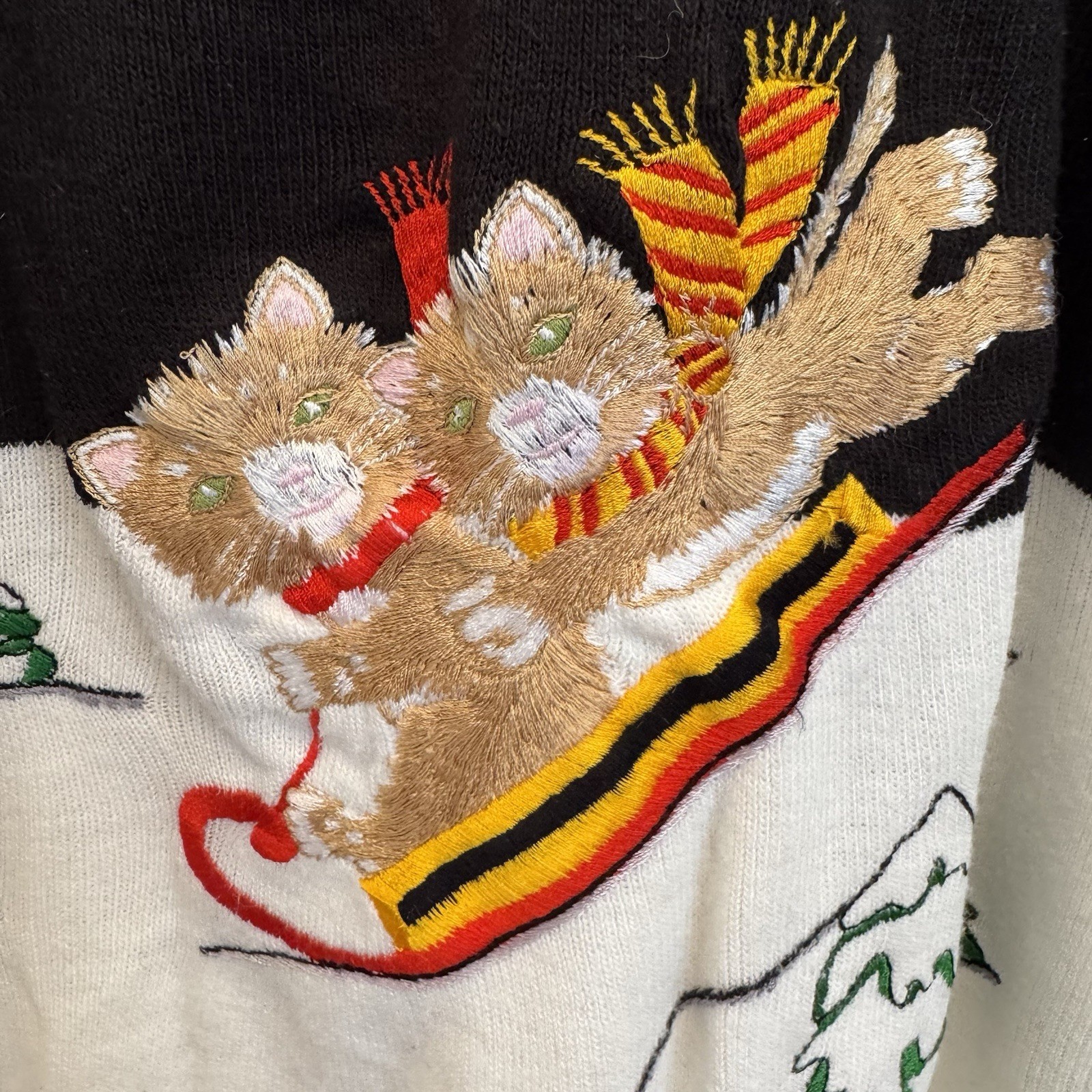 Vtg Cyn Les Novelty Sweater Wmns Sz 44 XL Cats Sleigh Snow Embroidered Holiday