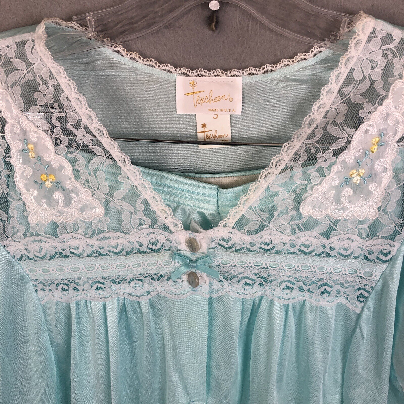 Vintage Coquette Pajamas Womens SMall Blue Nylon Silky Feminine Lace Trim Retro