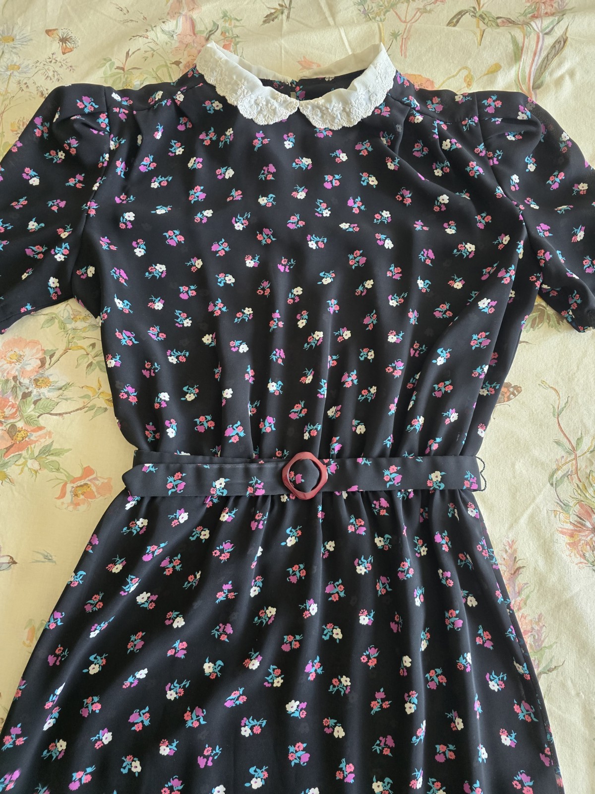 Vintage 70s Disty Floral Black Dress W/peter Pan Collar Womens XXS XS Belt Teen