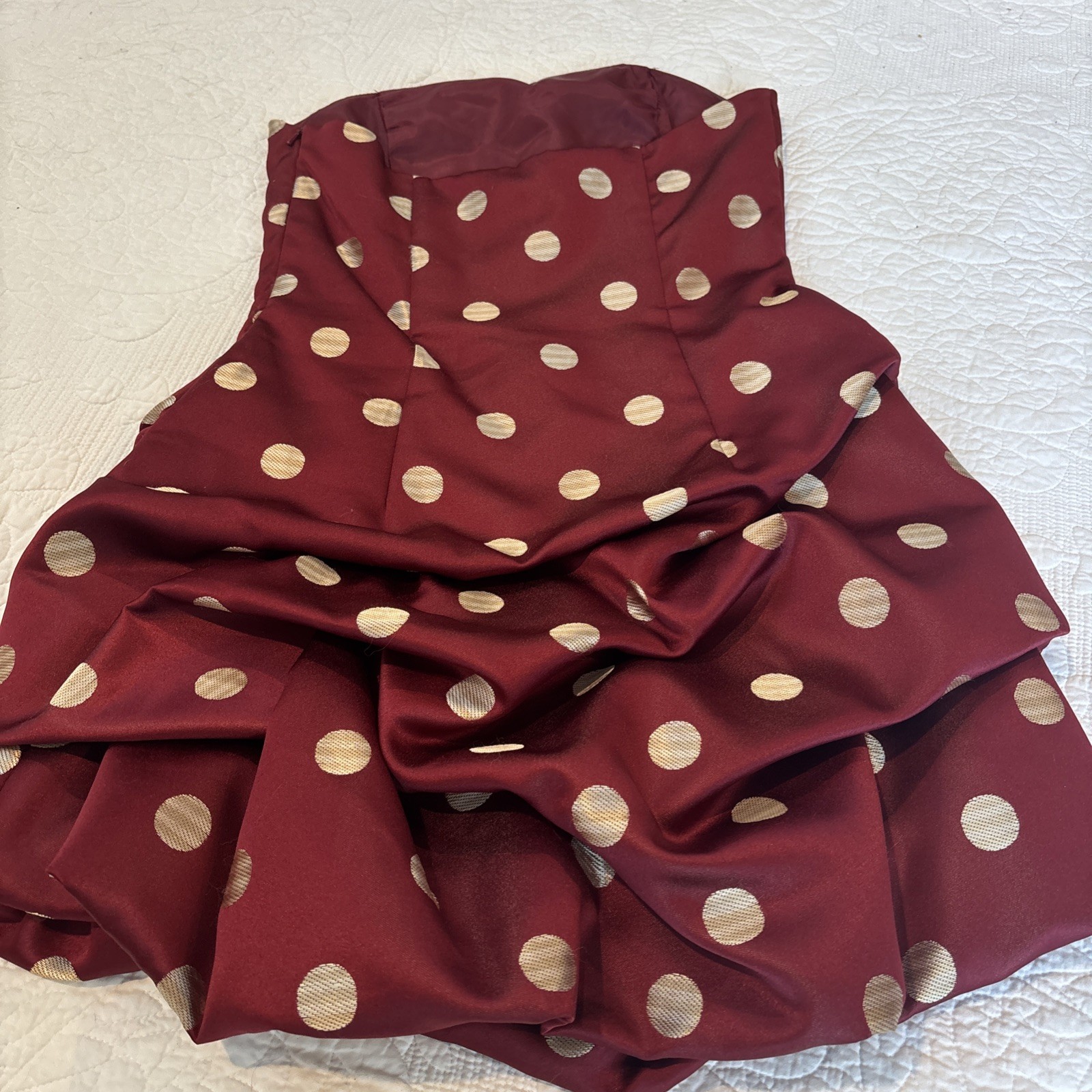 VTG Jessica McClintock Strapless Polka Dot Dress Burgundy Gold USA 1990s Y2K