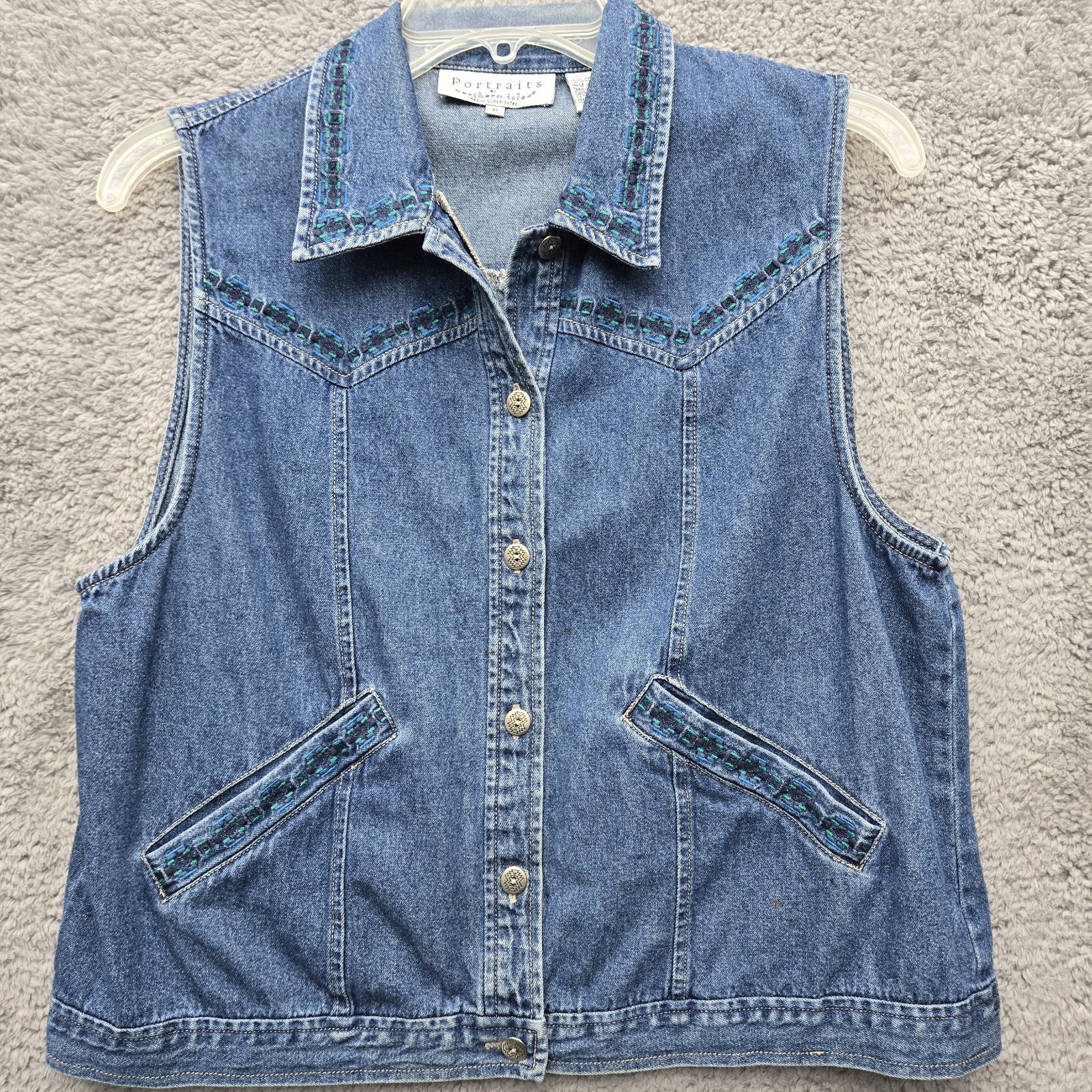 Vintage 90s Portraits by Northern Isles Denim Vest, Braided Trim Western