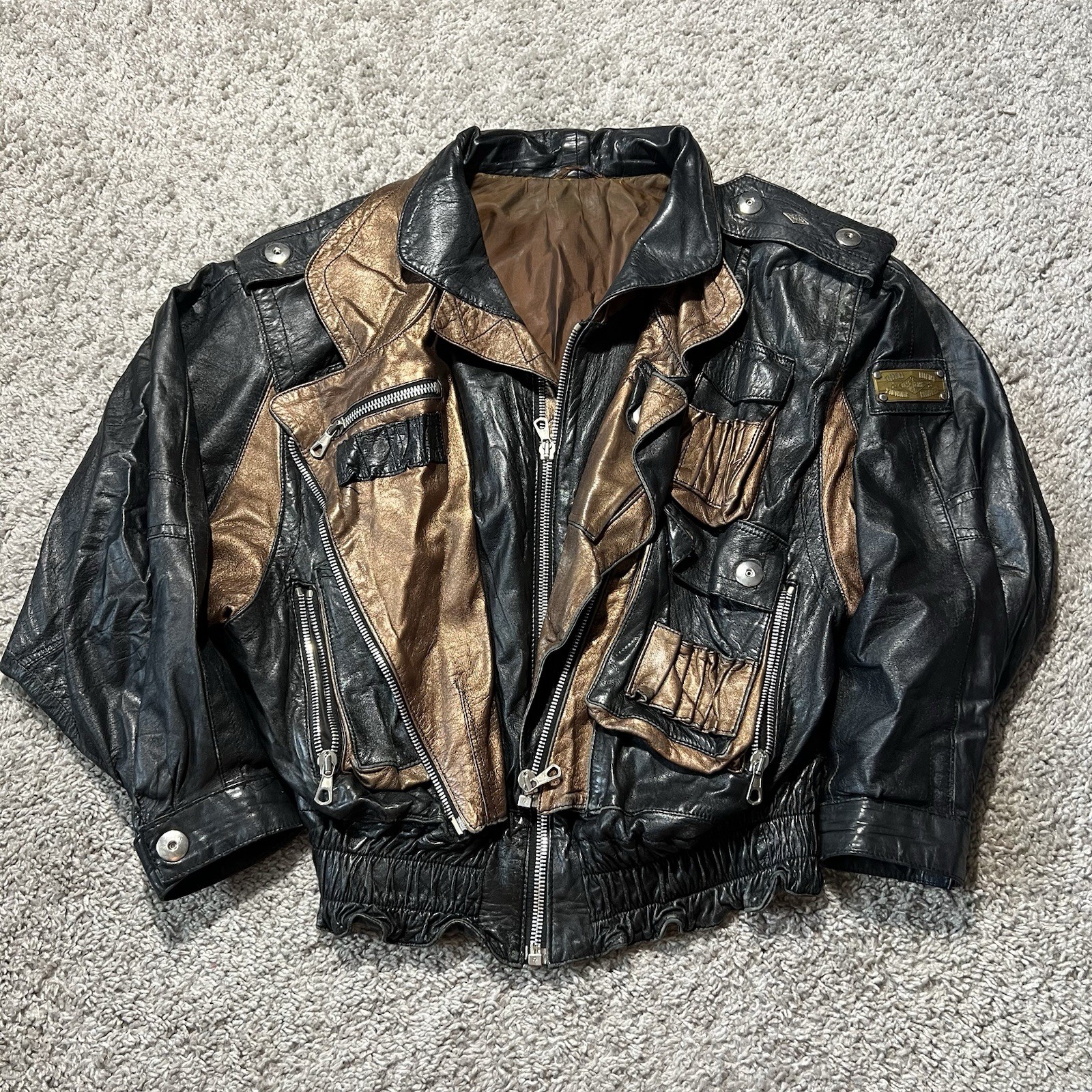 Vintage Black Brown Geometric Moto Biker Jacket Grunge 1980s 90s Italy Designer