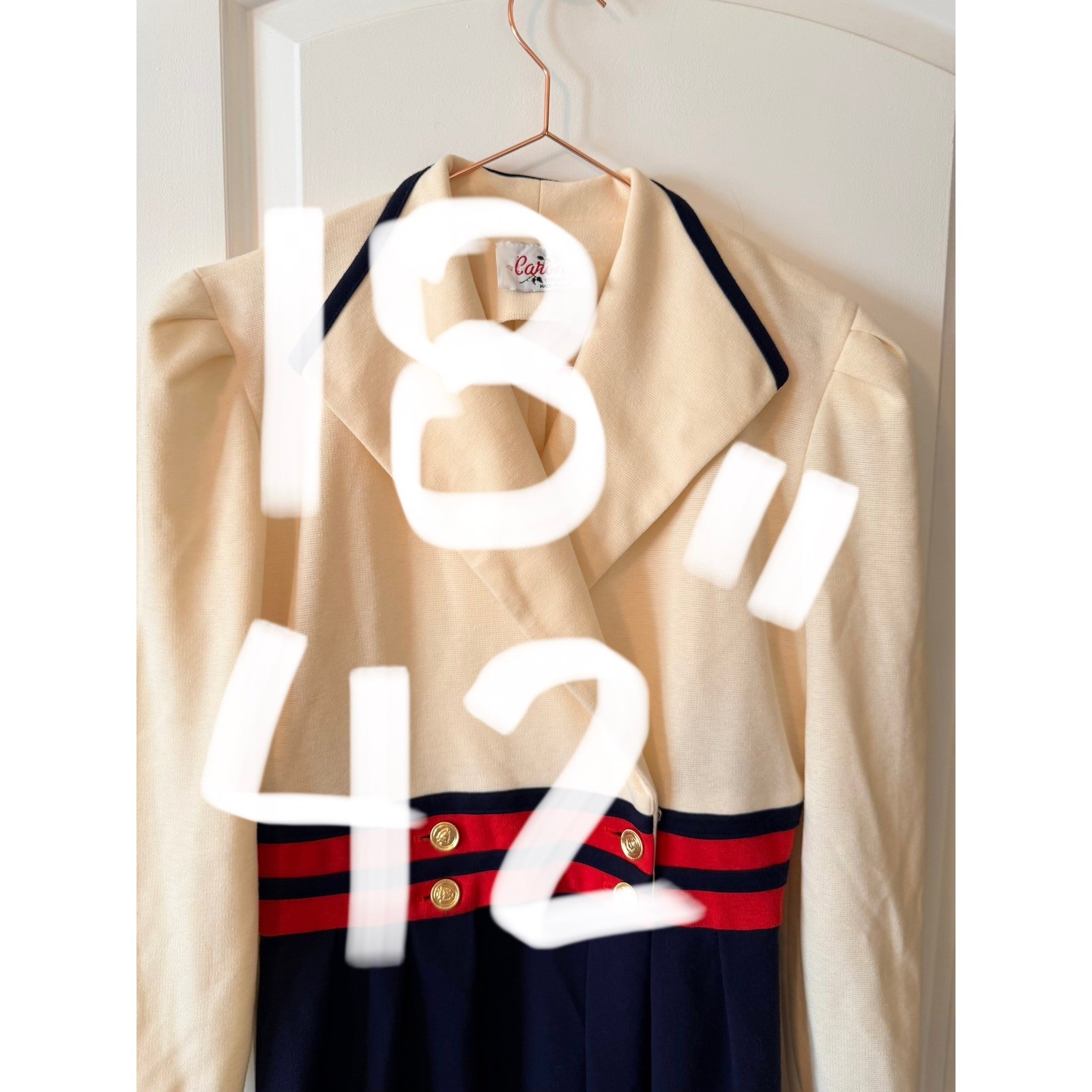 Caron Dress Womens Vintage 70-80s Nautical Sheath Cream Navy Red Gold Button