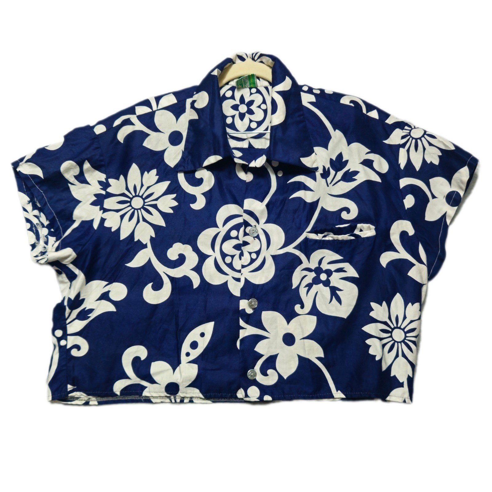 WALTAH CLARKES Vintage 60s Hawaiian Shirt Womens XL Cropped Blue Floral Boxy Top