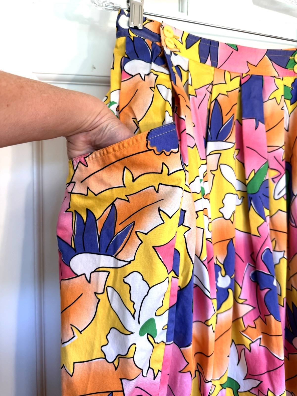 Vintage SK & Co. Bright Tropical Bird Cotton Midi Skirt Festival Women’s XS